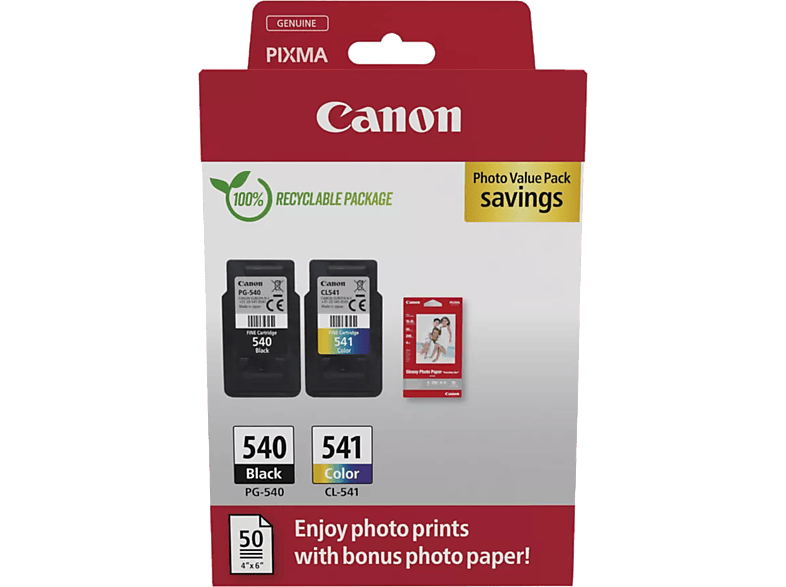 Canon PG-540/CL-541, 8 ml, 180 páginas por cartucho, 50 Hojas Papel Fotográfico Satinado, Negro, Color (cian, magenta, amarillo)