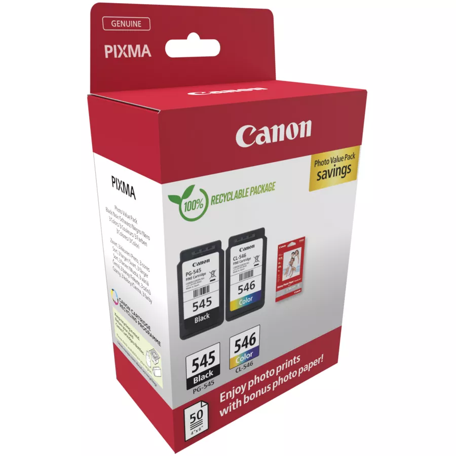 Caja de cartuchos de tinta Canon. Cartuchos negro y color visibles, paquete 100% reciclable.