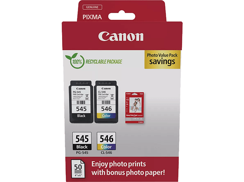 Canon PG-545/CL-546, 8 ml, 180 páginas por cartucho, 50 Hojas Papel Fotográfico Satinado, Negro, Color (cian, magenta, amarillo)