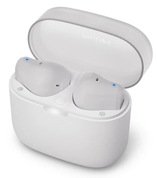 Białe słuchawki douszne w etui ładującym. Etui jest otwarte, pokazując słuchawki.