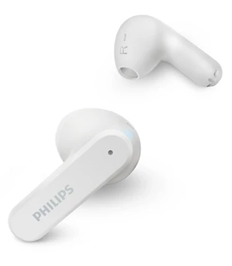 Dwa białe słuchawki. Jeden z bliska, drugi w tle. Oba na białym tle.