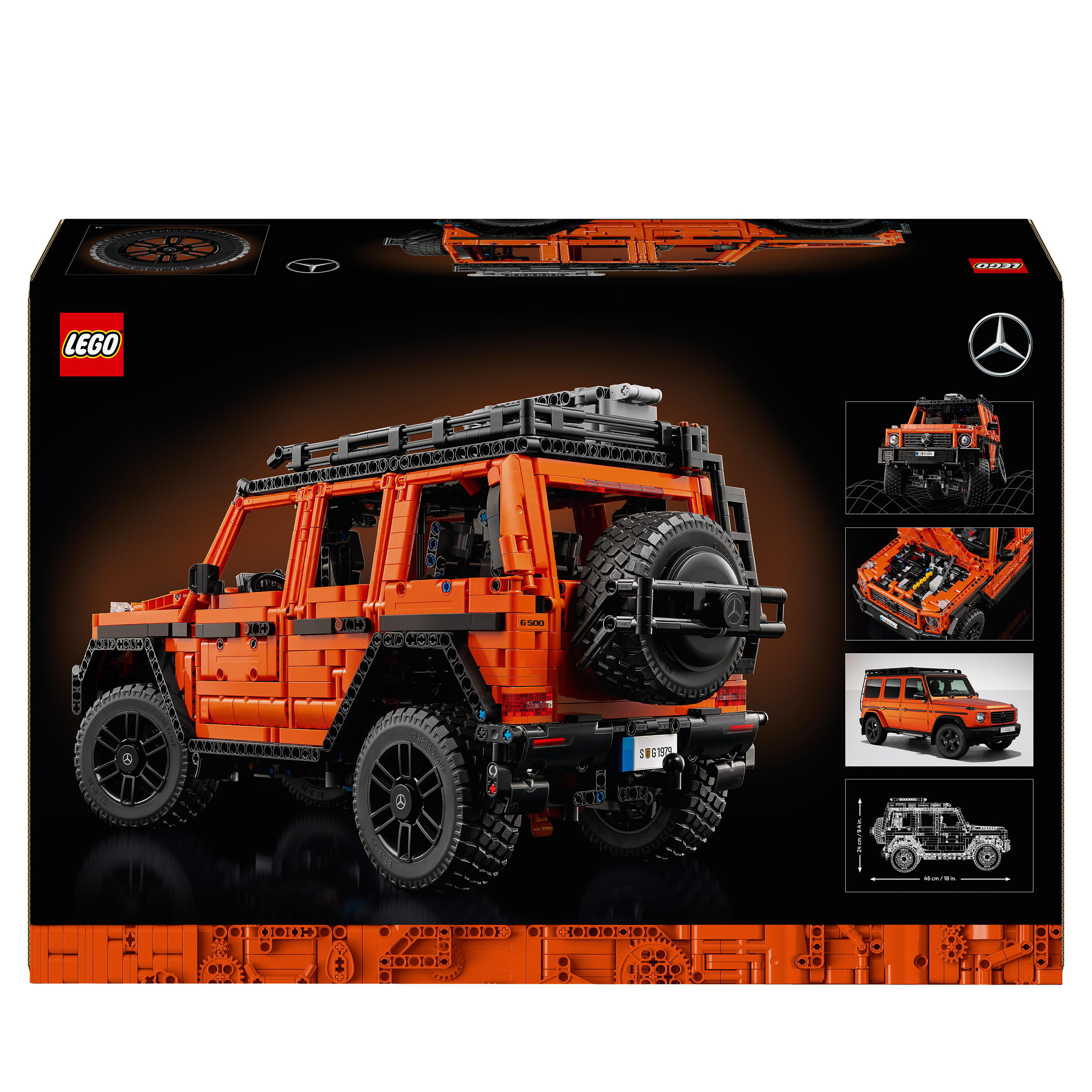 Eine LEGO-Box zeigt ein orangefarbenes SUV-Modell. Die Box hat Bilder des Modells und Details.