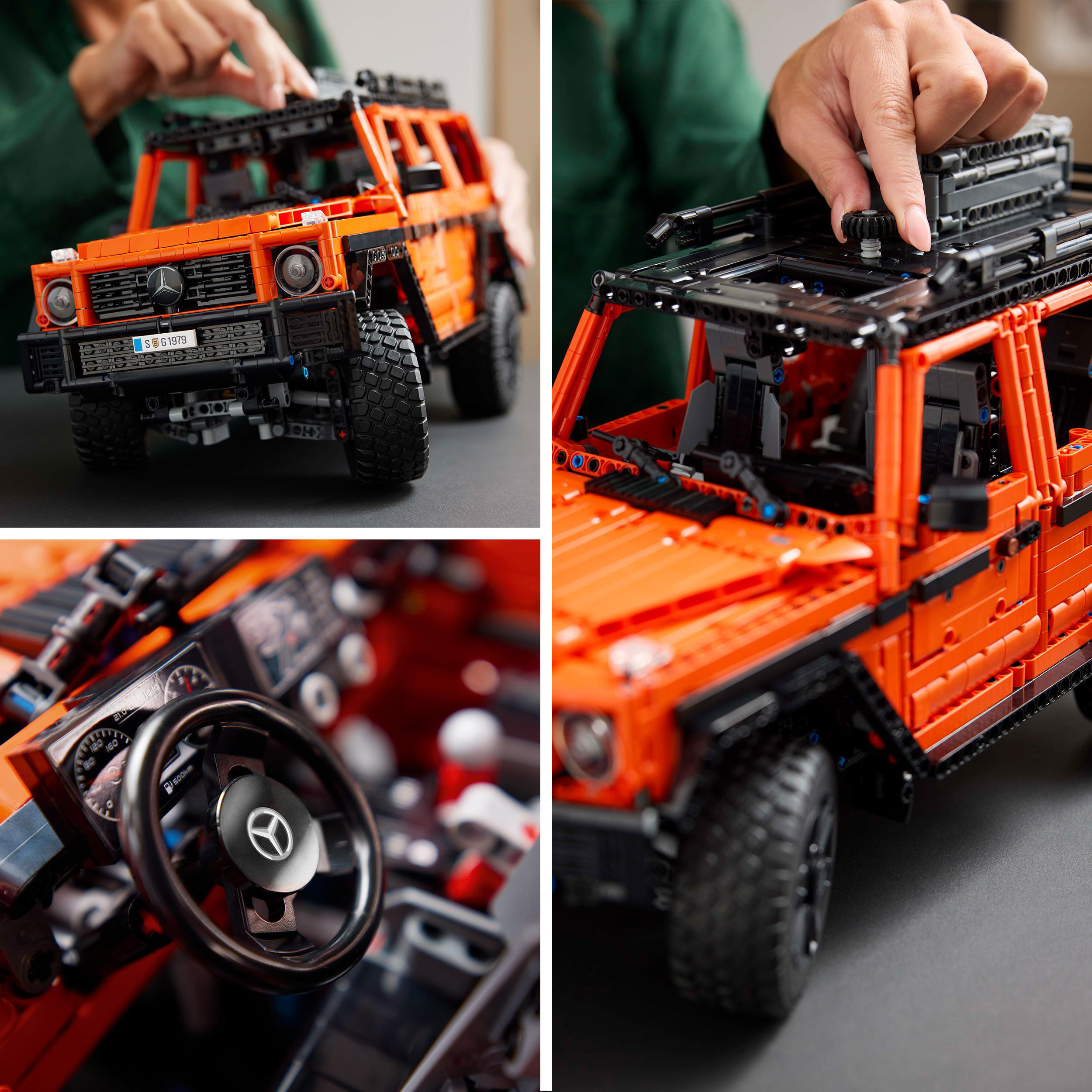 Oranger Lego Technic-Wagen mit schwarzen Reifen. Hände platzieren Teile auf dem Dach.