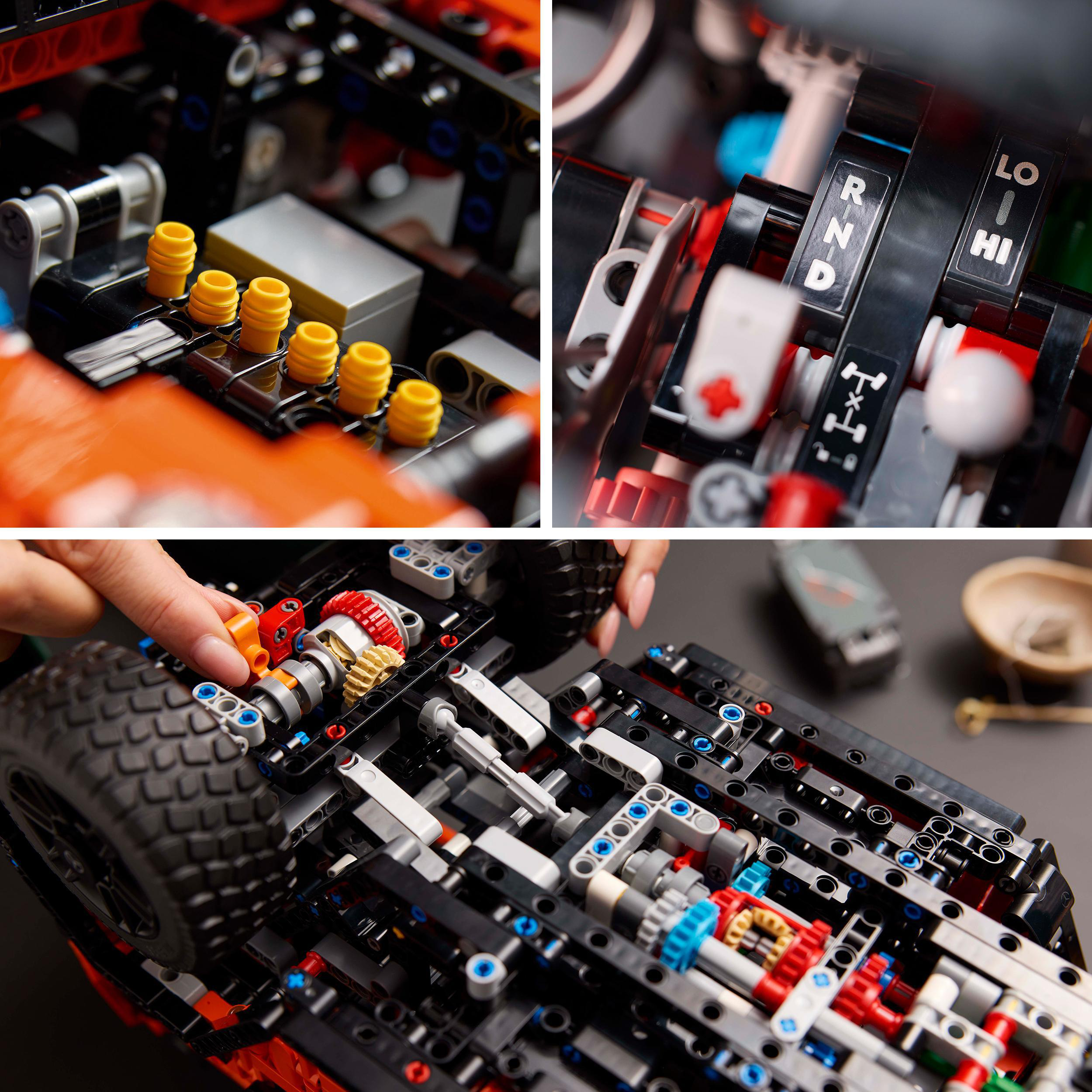 Nahaufnahme von LEGO Technic Autodetails, einschließlich Zahnrädern, Hebeln und verschiedenen mechanischen Teilen.