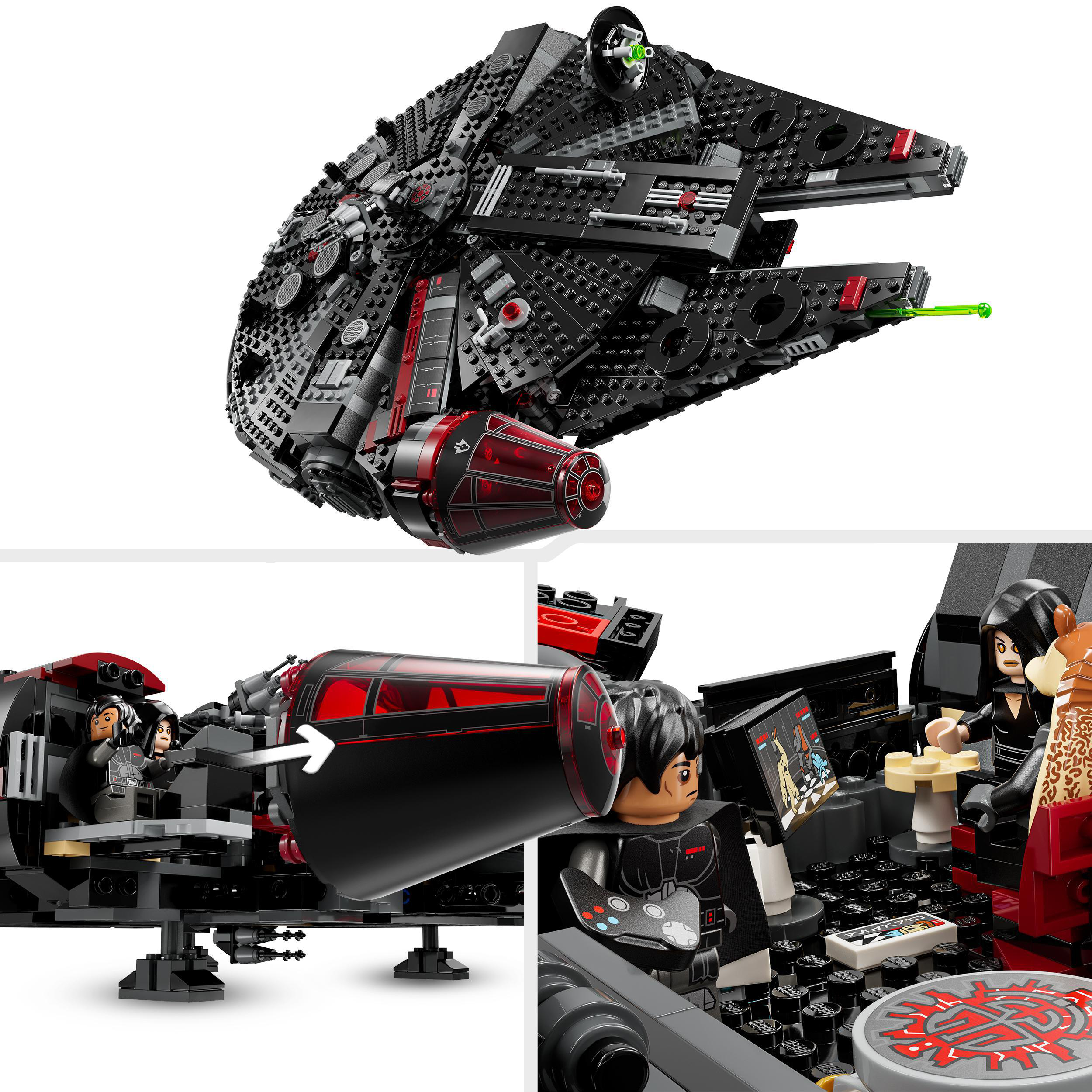 Detailliertes Lego-Modell eines schwarzen Raumschiffs mit roten Akzenten und Lego-Figuren darin.