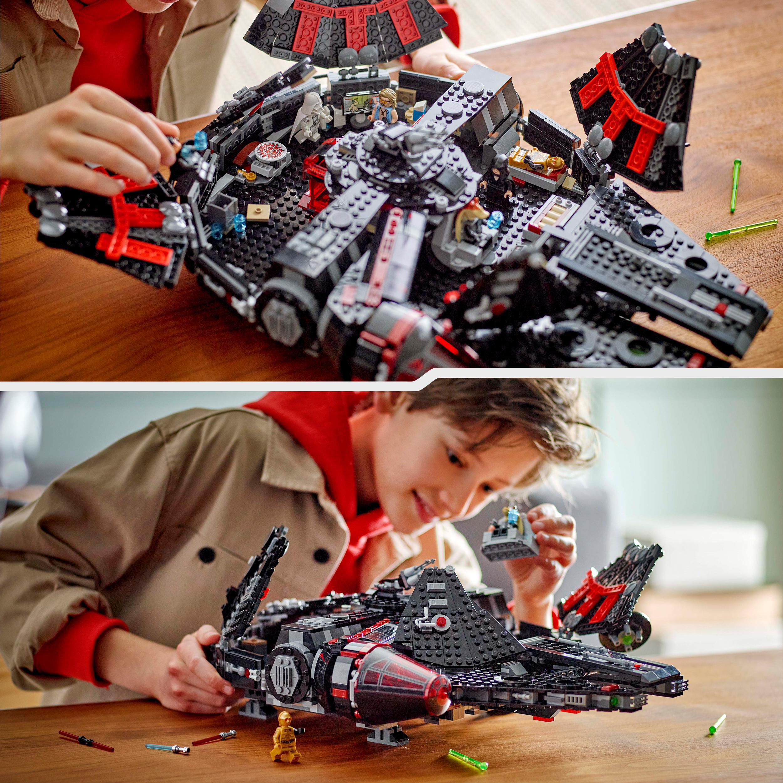 Kind spielt mit Lego Star Wars Set, montiert Teile.