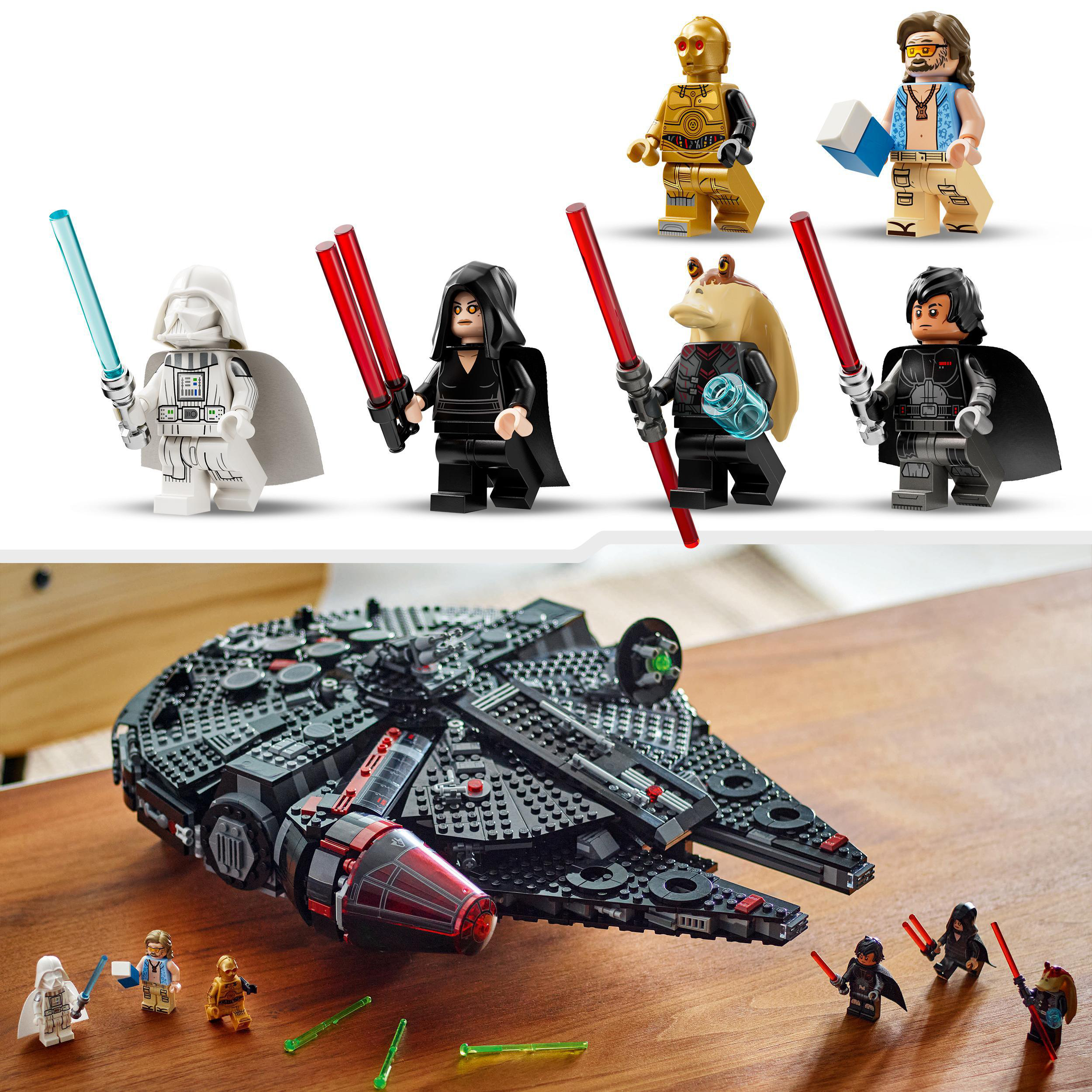 Lego Star Wars Figuren und ein Millennium Falcon Modell. Figuren sind Darth Vader, Luke und andere.