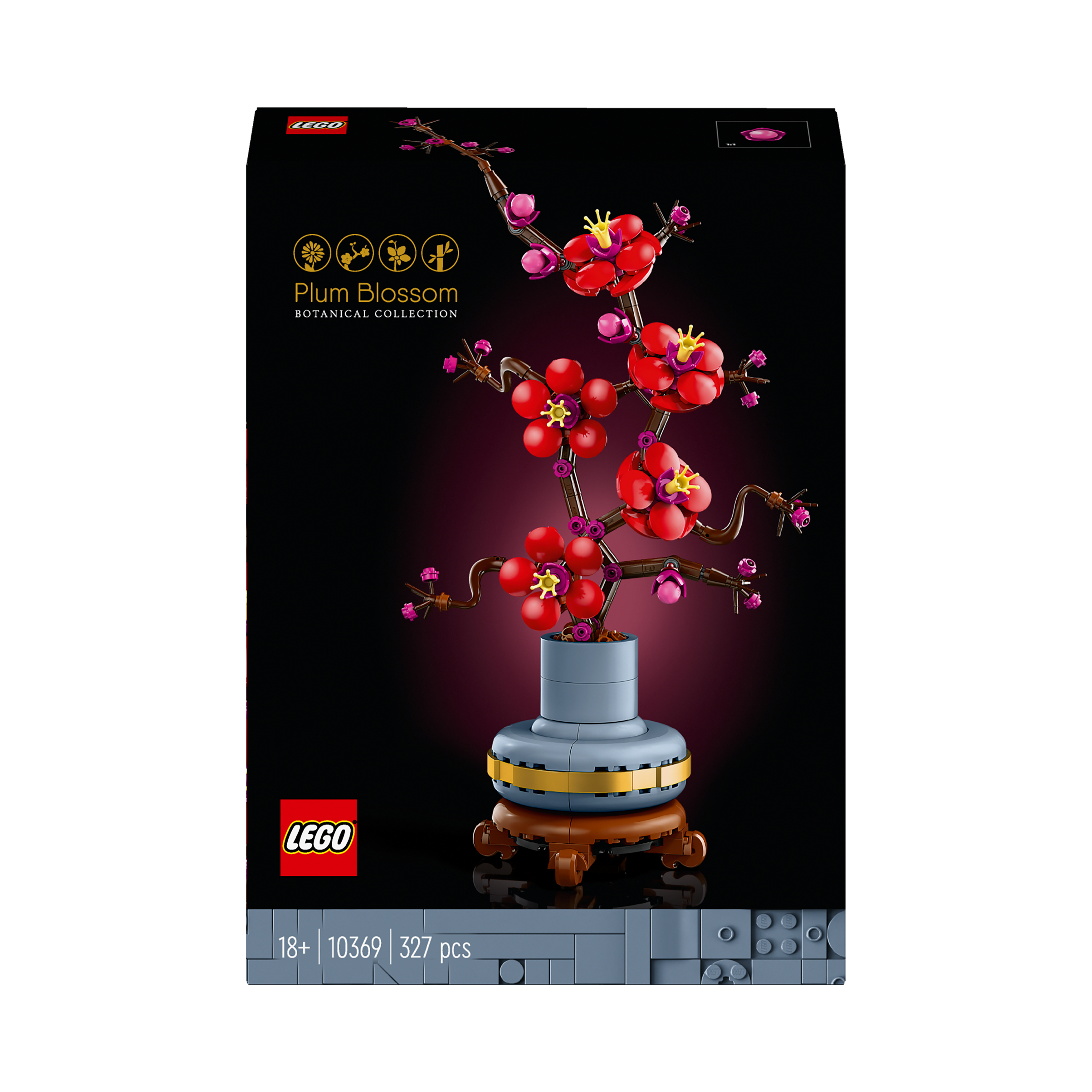 Lego-Box: Pflaumenblüten-Set. Rote Blumen auf blauer Vase. Schwarzer Hintergrund. Brauner Ständer. 327 Teile.