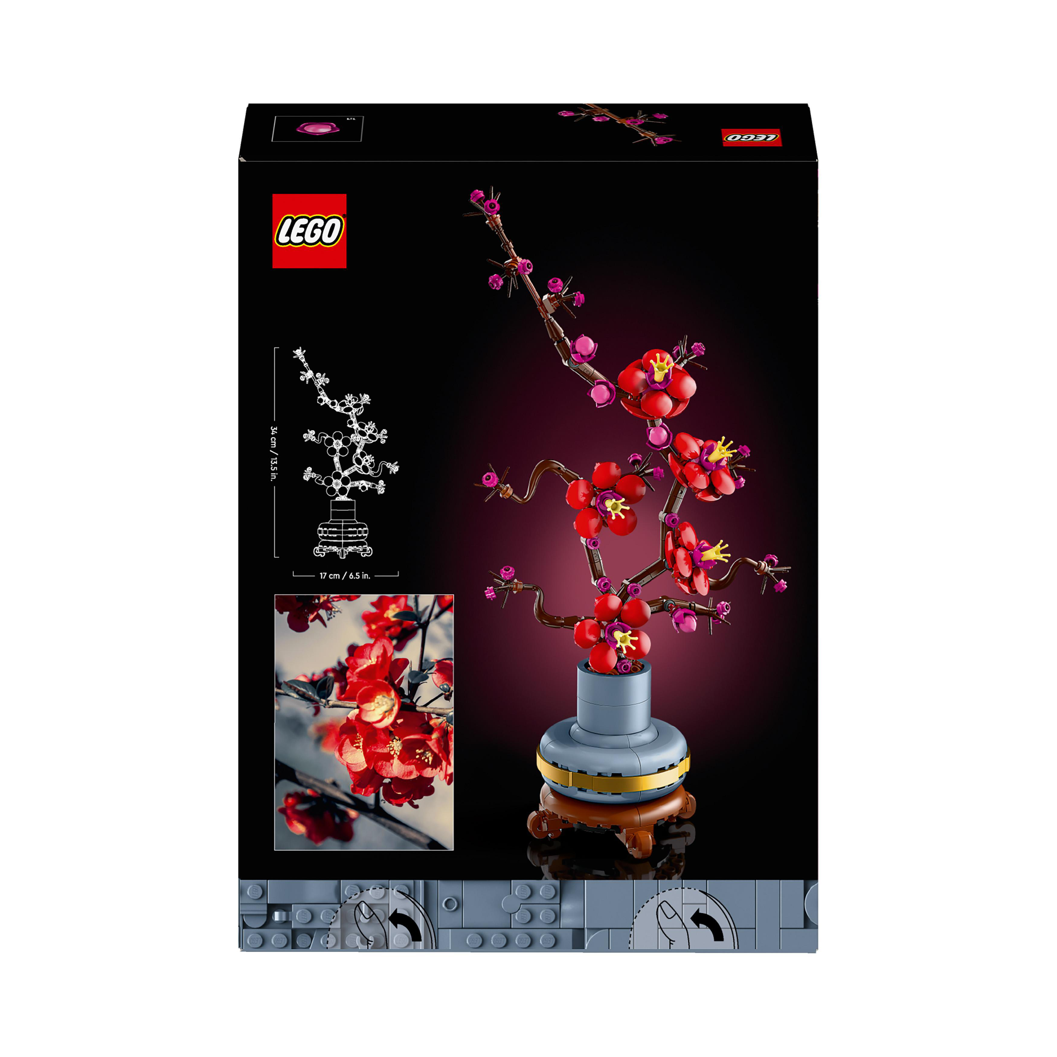 Lego-Set-Box mit einer roten Blumenanordnung in einer Vase. Schwarzer Hintergrund.