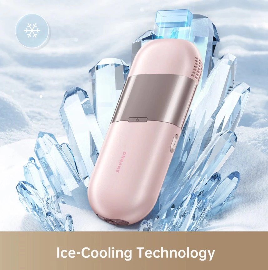 Różowe urządzenie ręczne z kryształami lodu i tekstem 'Ice-Cooling Technology'.