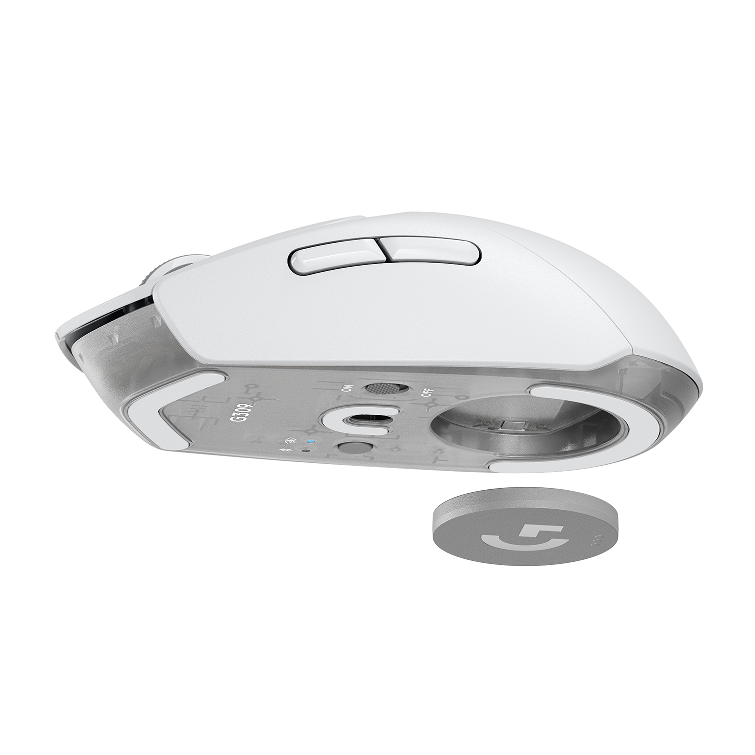 Mouse gaming bianco, vista dal basso, con base grigia e disco grigio rimovibile.