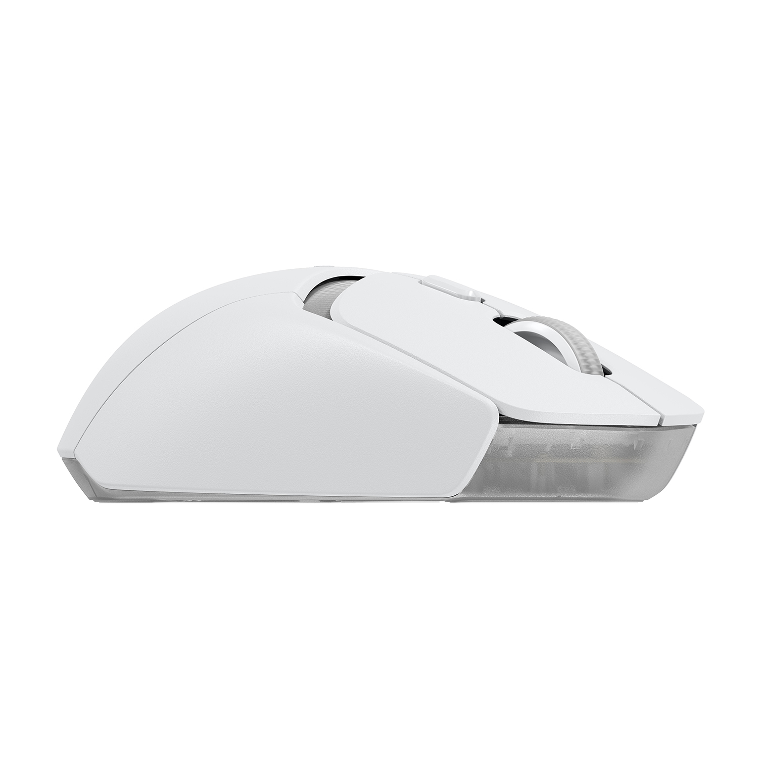 Un mouse per computer bianco con una sezione inferiore trasparente.