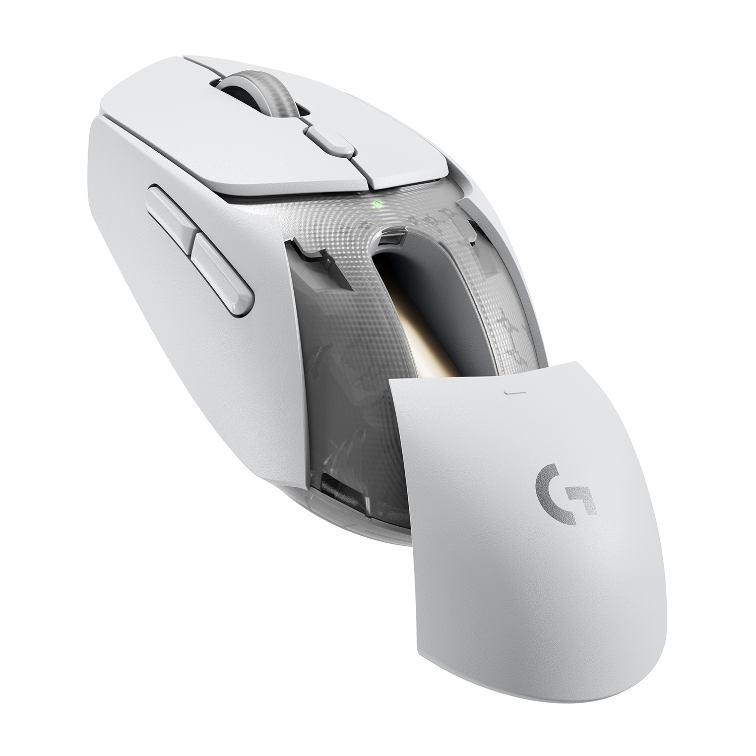 Mouse da gioco bianco con pannello staccabile, che mostra l'interno.
