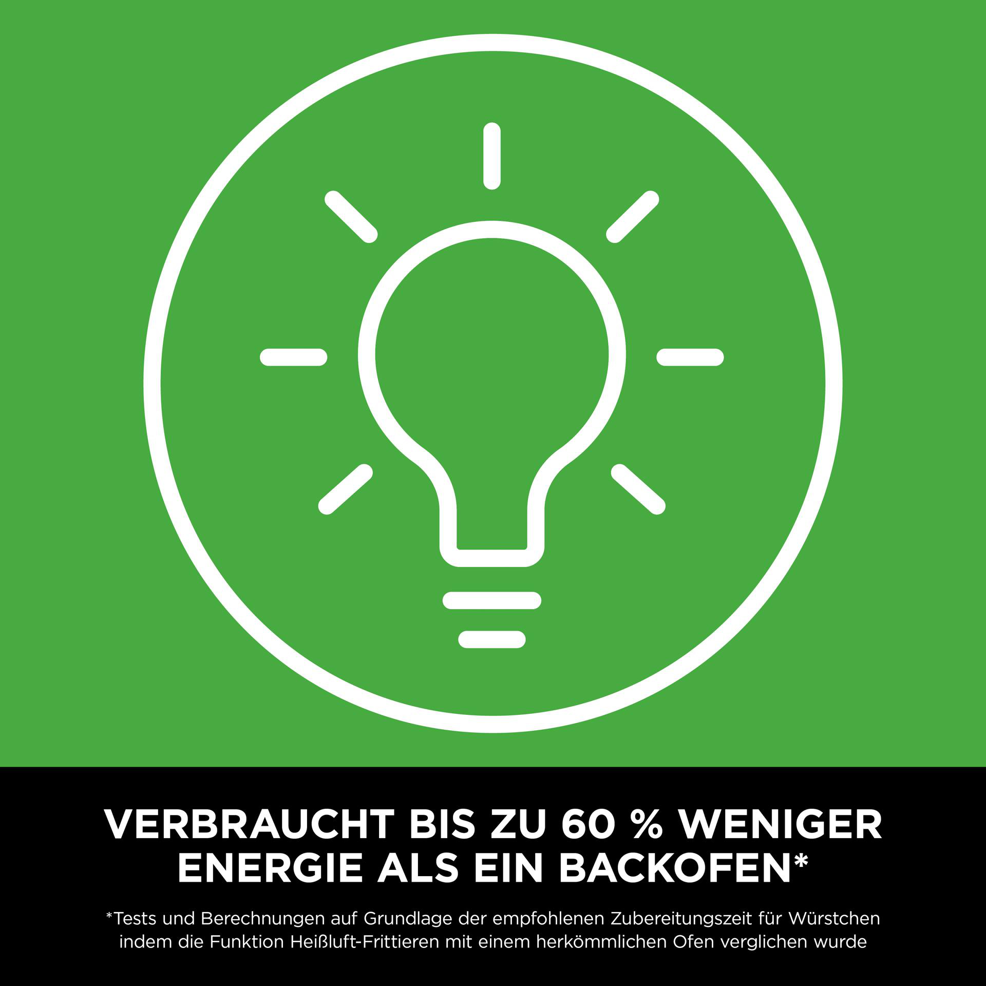 Grüner Kreis mit Glühbirnen-Symbol. Text: Verbraucht bis zu 60 % weniger Energie als ein Backofen*.
