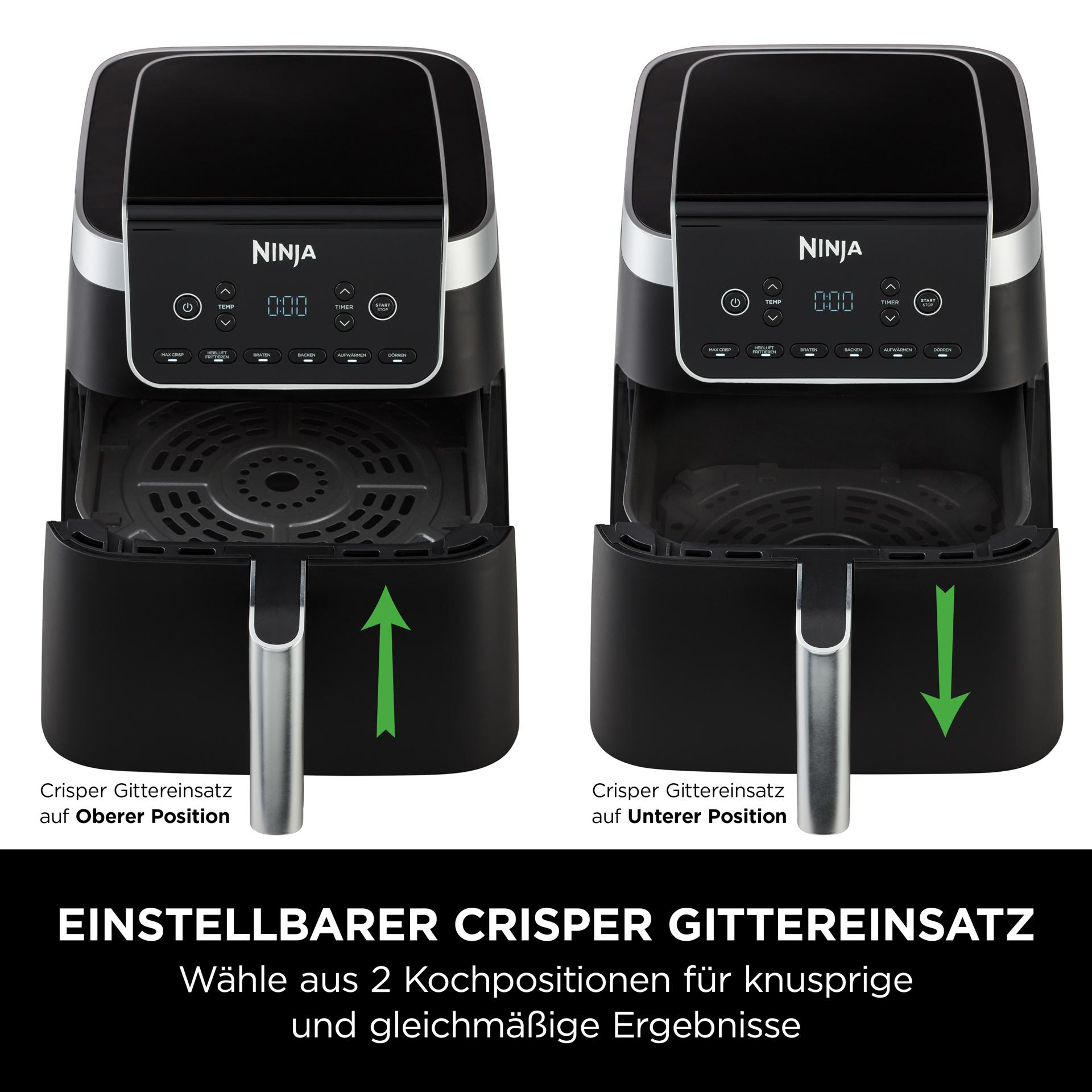 Zwei schwarze Heißluftfritteusen nebeneinander. Pfeile zeigen verschiedene Positionen des Crisper-Korbs.