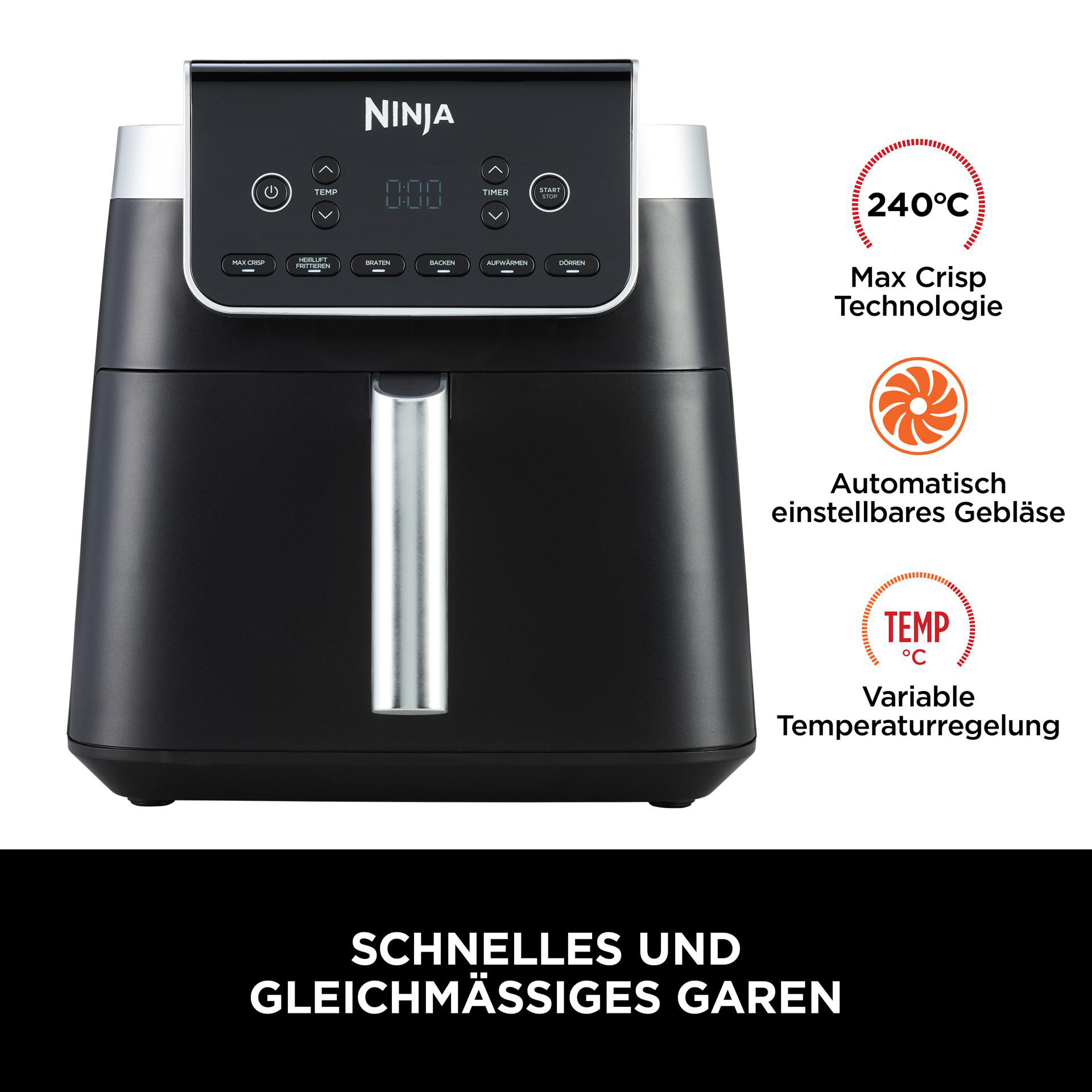 Schwarze Ninja Heißluftfritteuse mit Bedienfeld und Textetiketten rechts.