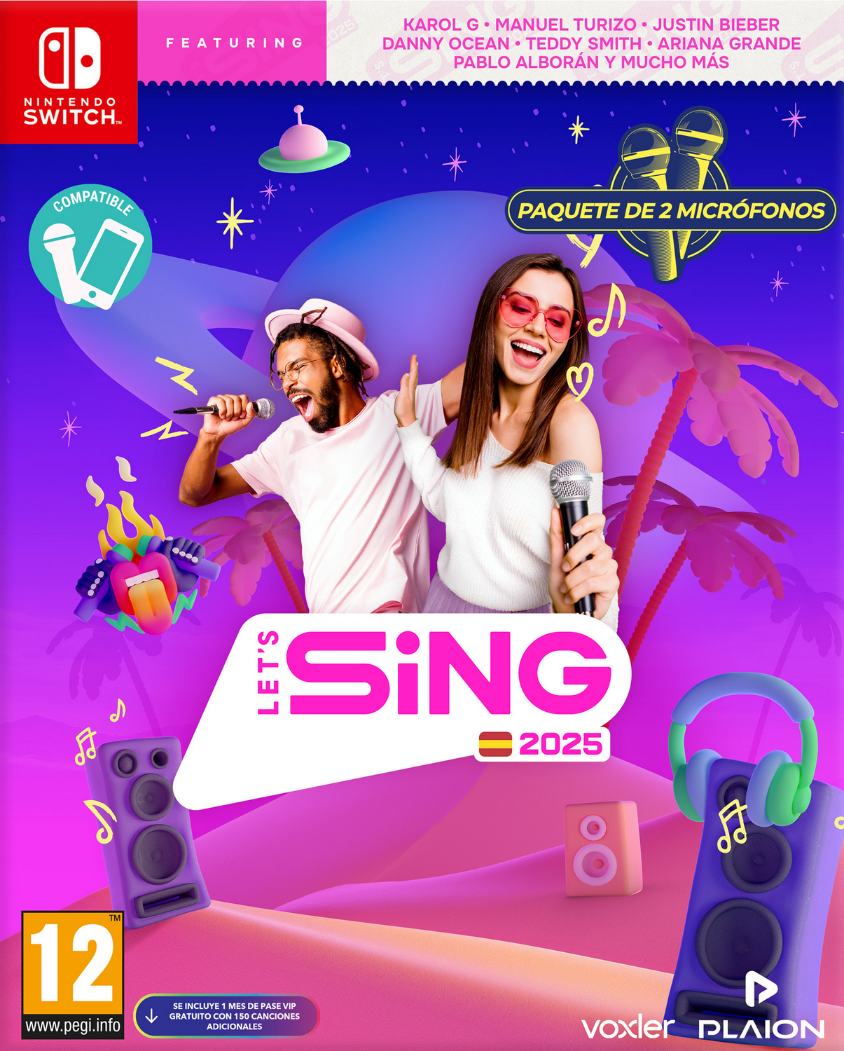 Portada del juego con pareja con micrófonos, Let's Sing 2025.