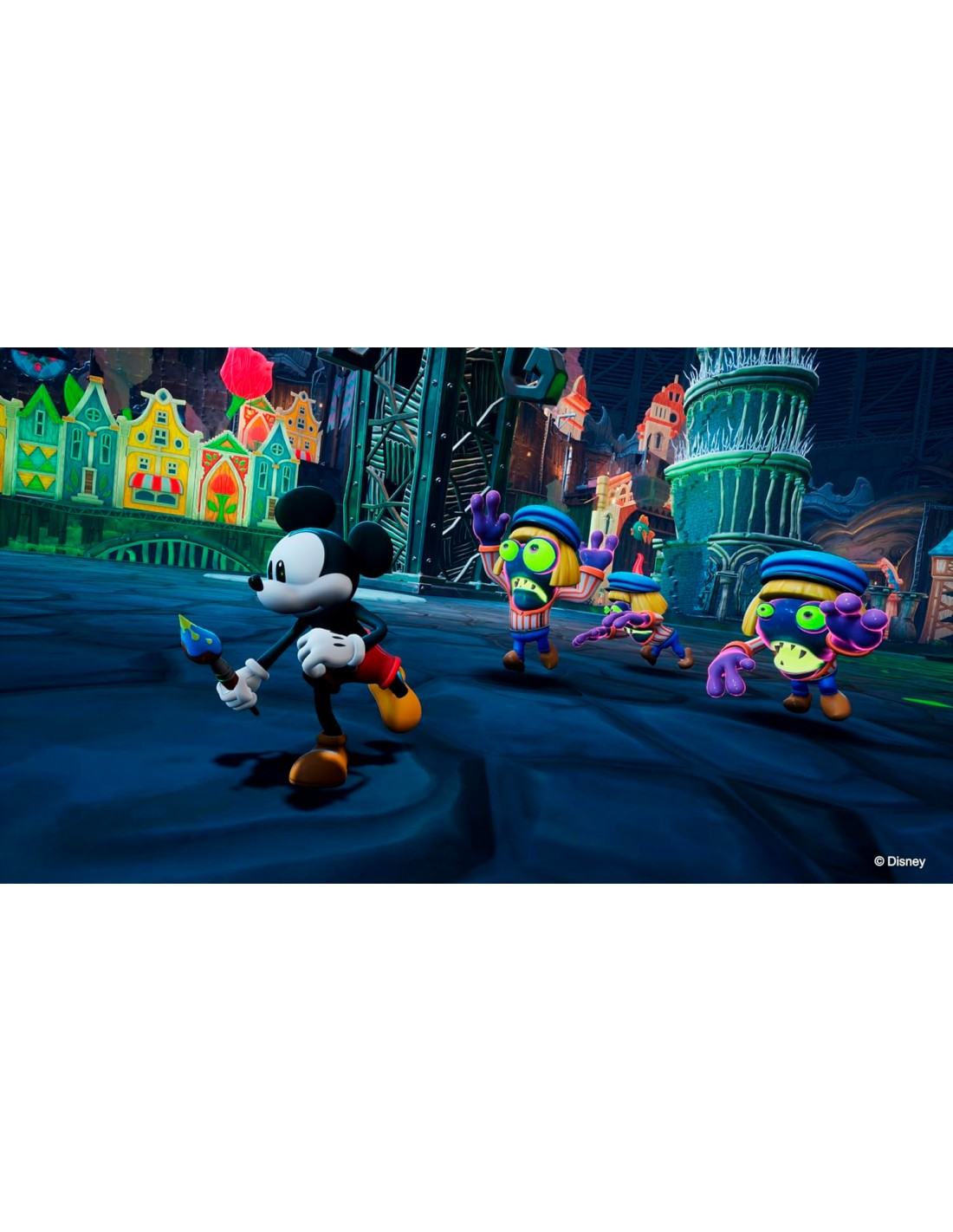 Mickey Mouse en una escena callejera colorida y pintada con personajes animados.