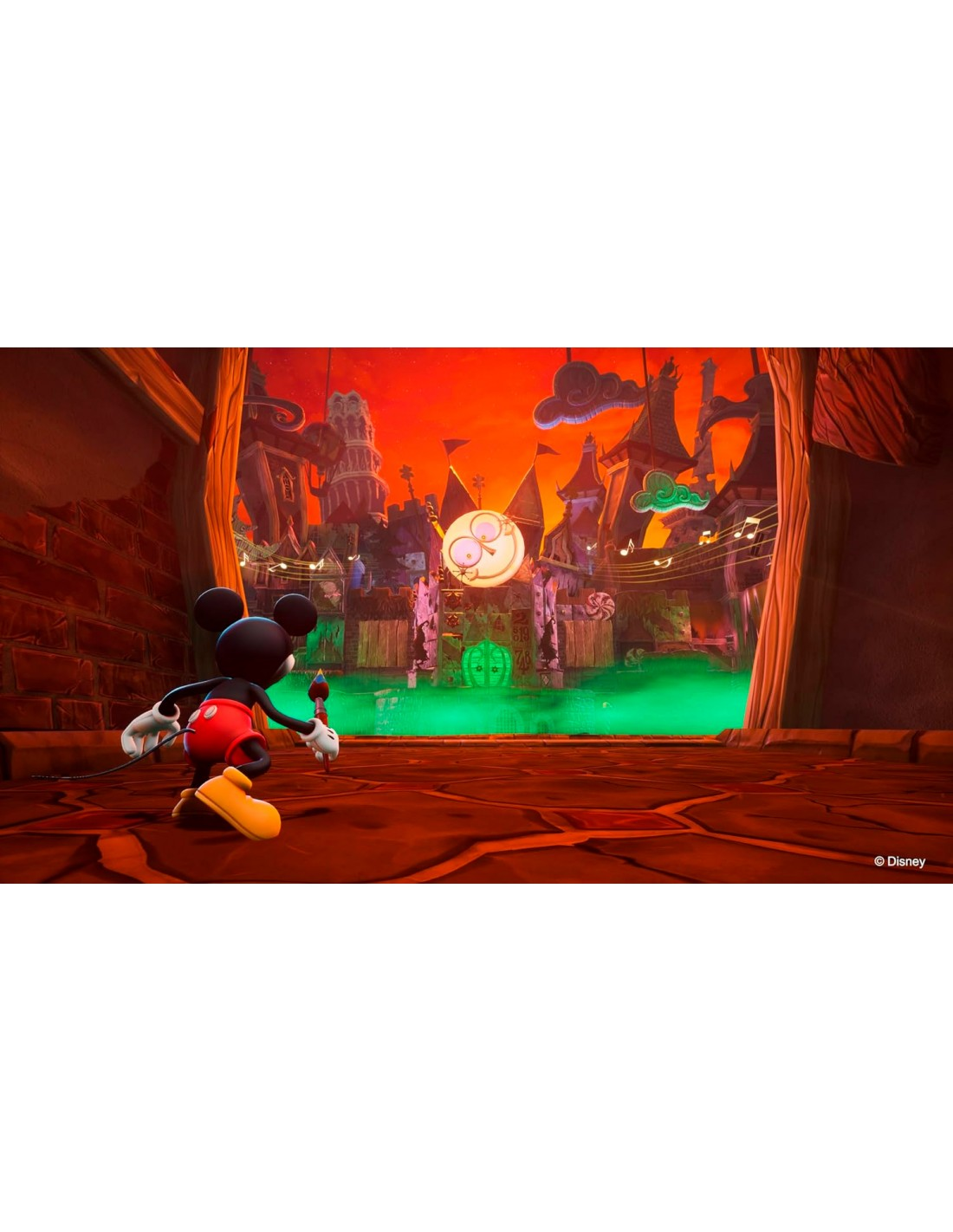 Mickey Mouse en una escena de videojuego, corriendo hacia un castillo.