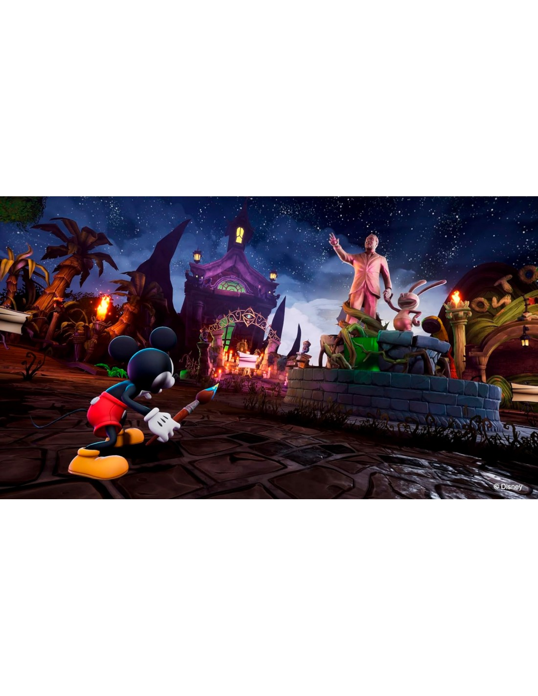 Mickey Mouse pintando una escena con una estatua.