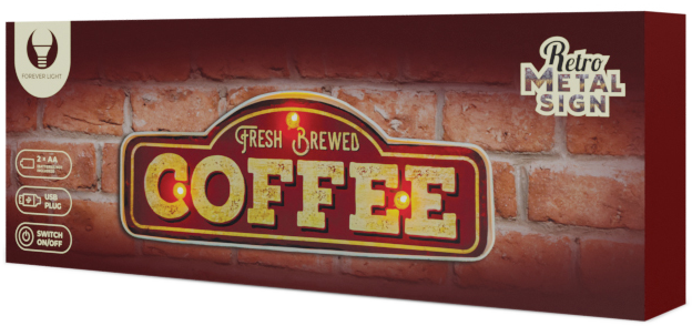 Retro kávé felirat téglaháttérrel. Fényekkel és a Fresh Brewed Coffee felirattal.