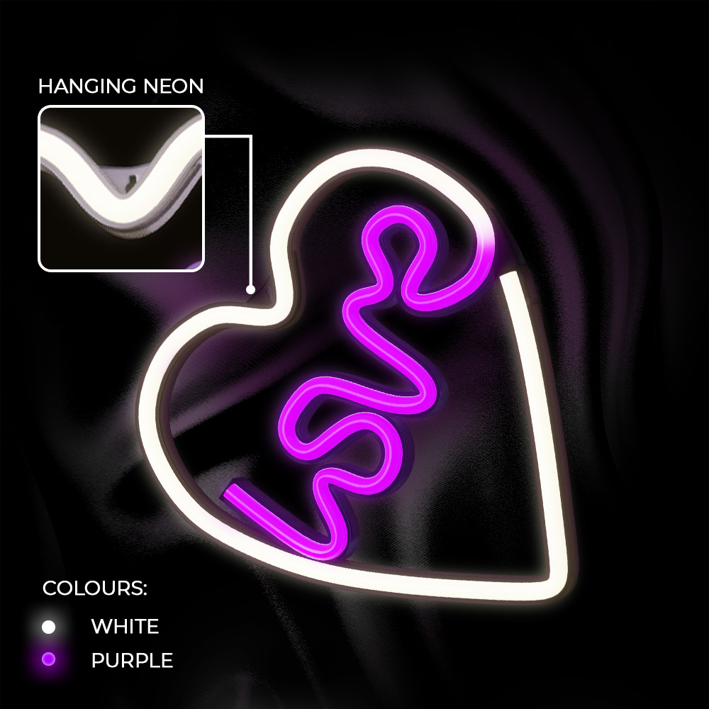 Egy szív alakú neonfelirat a 'LOVE' szóval, fehér és lila fénnyel.