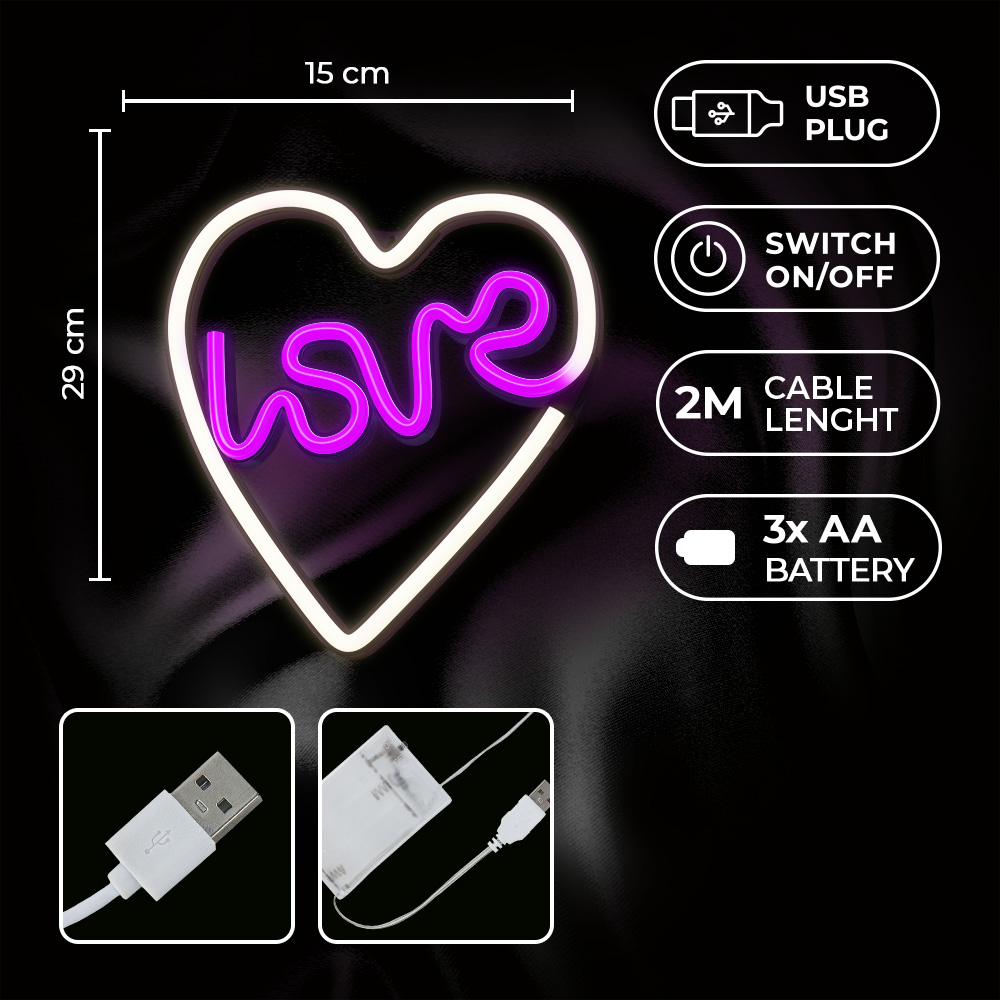Egy neon szív alakú lámpa. Van USB csatlakozója, kapcsolója és elemtartója.