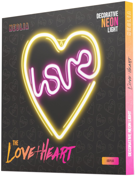 Doboz neon szív mintával és a 'LOVE' szóval.