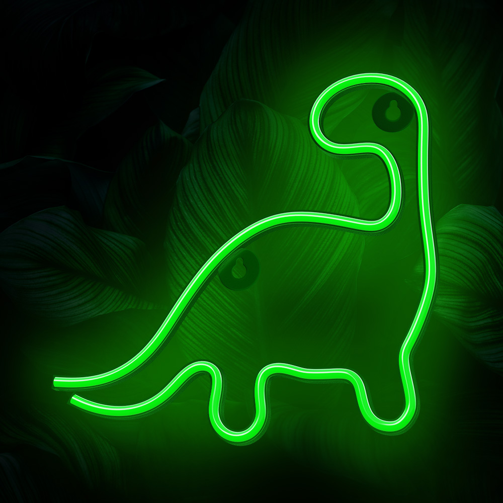 Egy zöld neon dinoszaurusz tábla levelek hátterével.