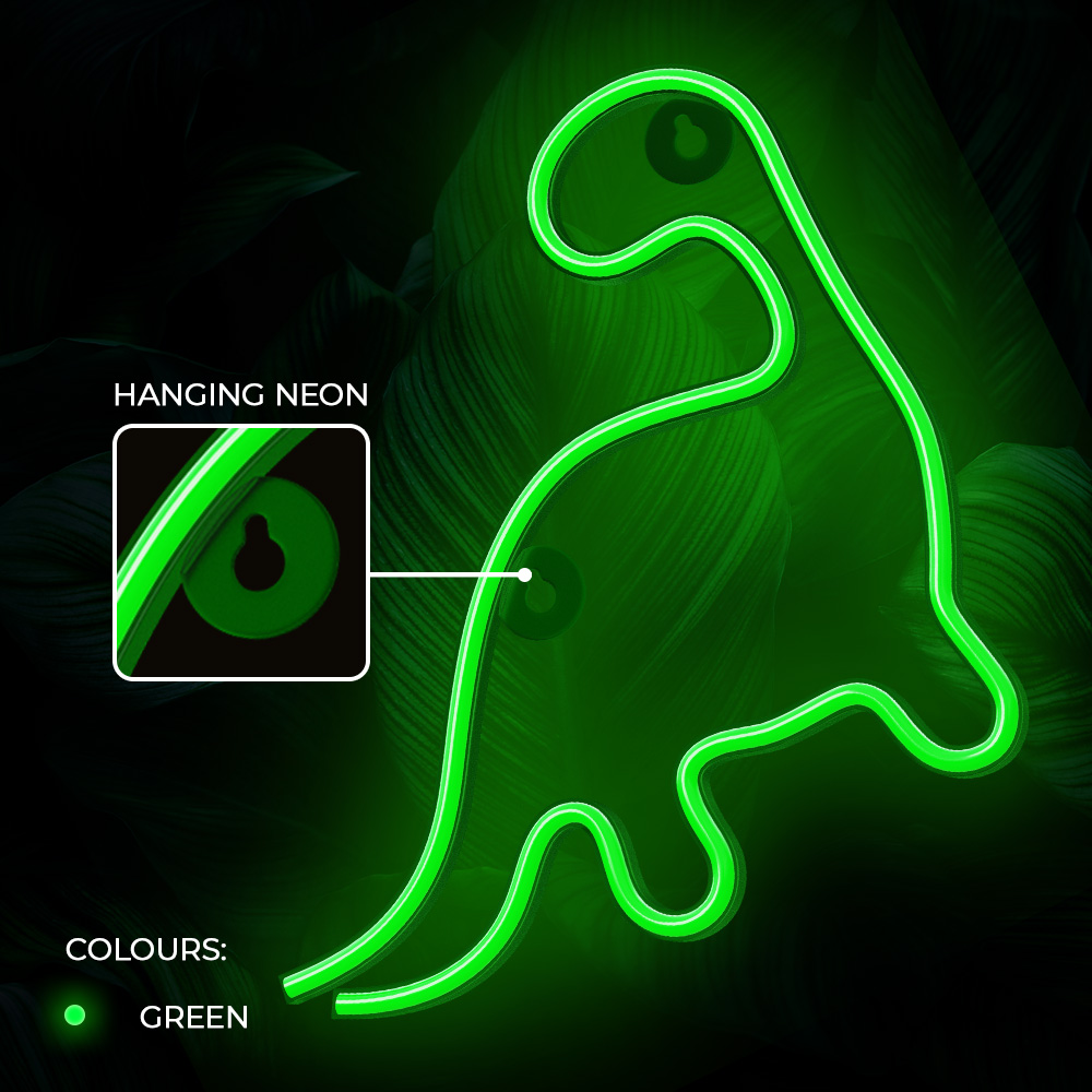 Neon zöld dinoszaurusz forma, zöld függesztő szerelvény közeli képével.