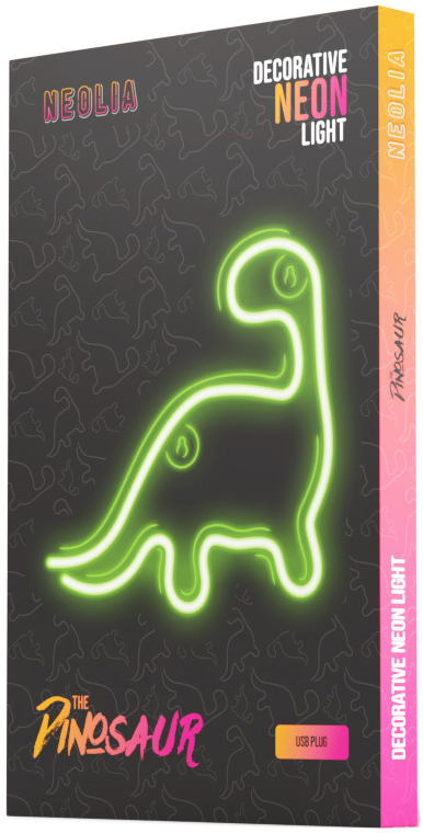 Neon zöld dinoszaurusz lámpadoboz, csomagolással és USB dugóval.