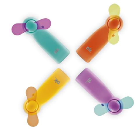 Cztery kolorowe mini wentylatory. Każdy w innym kolorze z napisem 'ok.'.