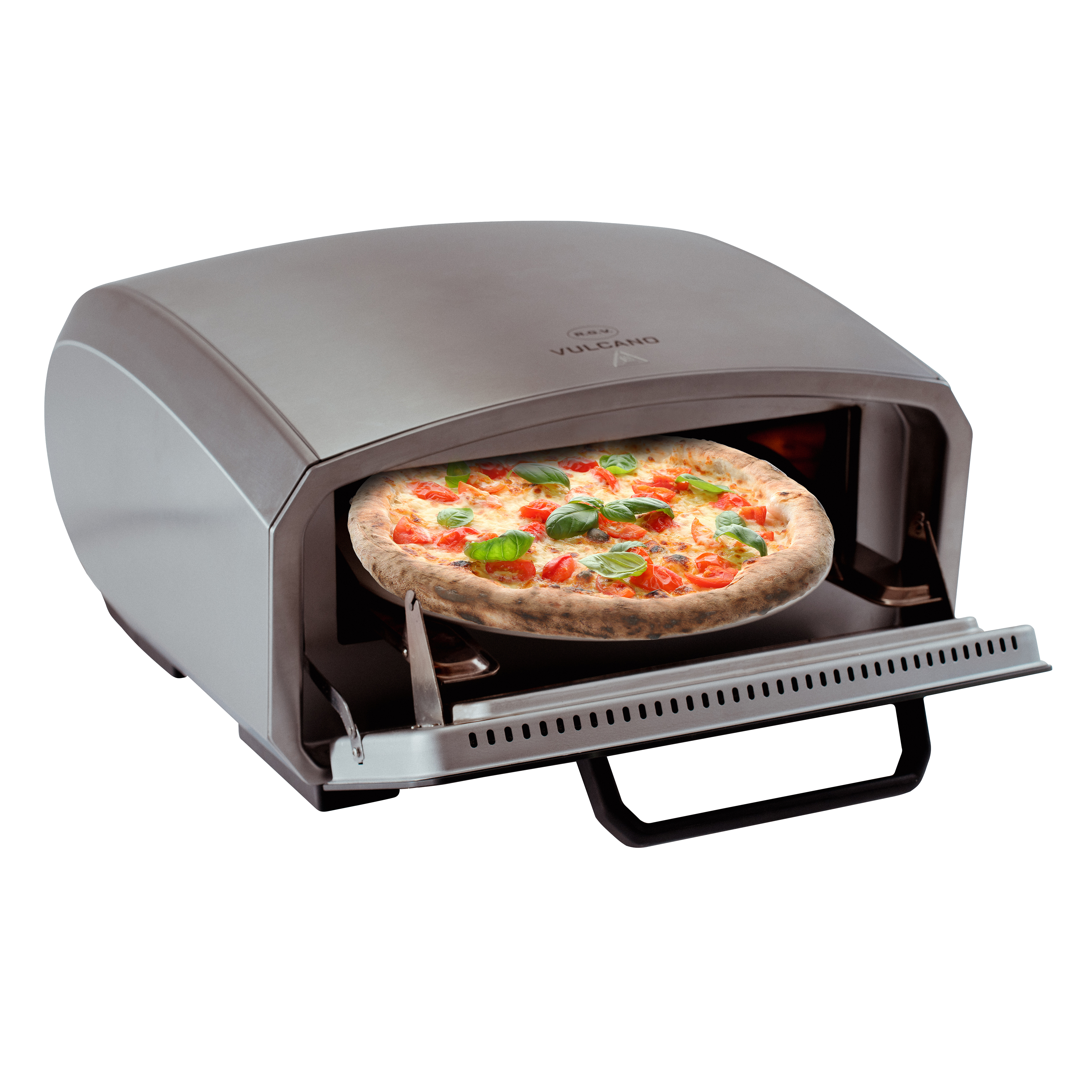 Pizza in un forno per pizza aperto, con pomodori, basilico.