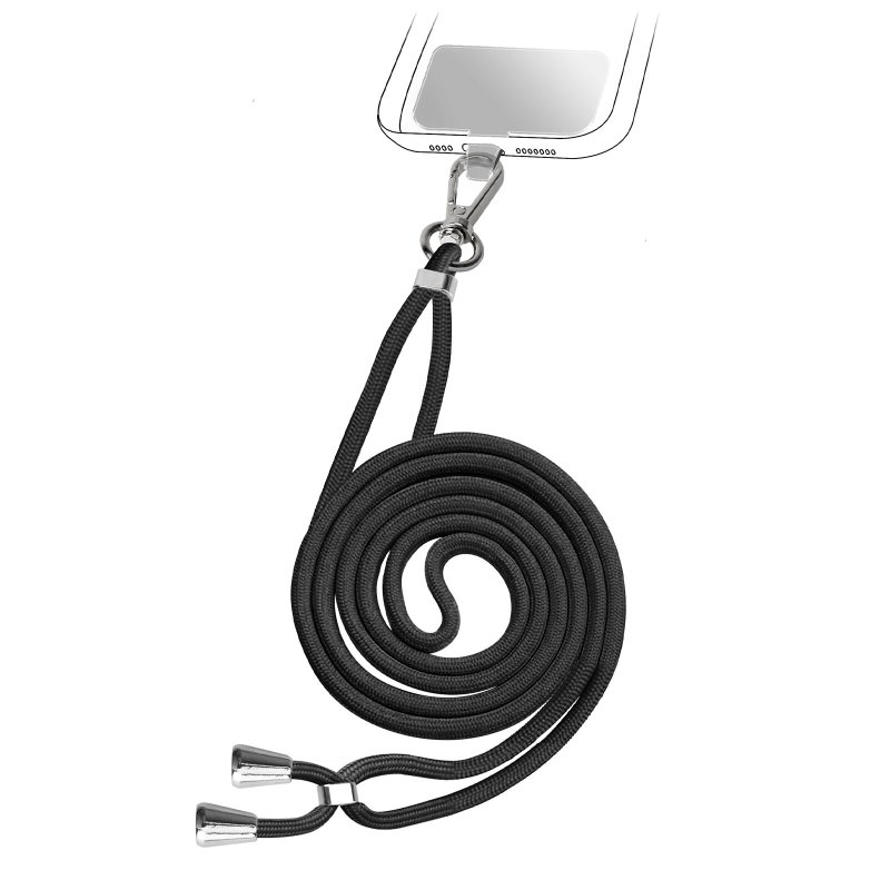 Schwarzes Telefon-Umhängeband mit schwarzem Kabel, silbernen Verschlüssen und Telefonhalter.