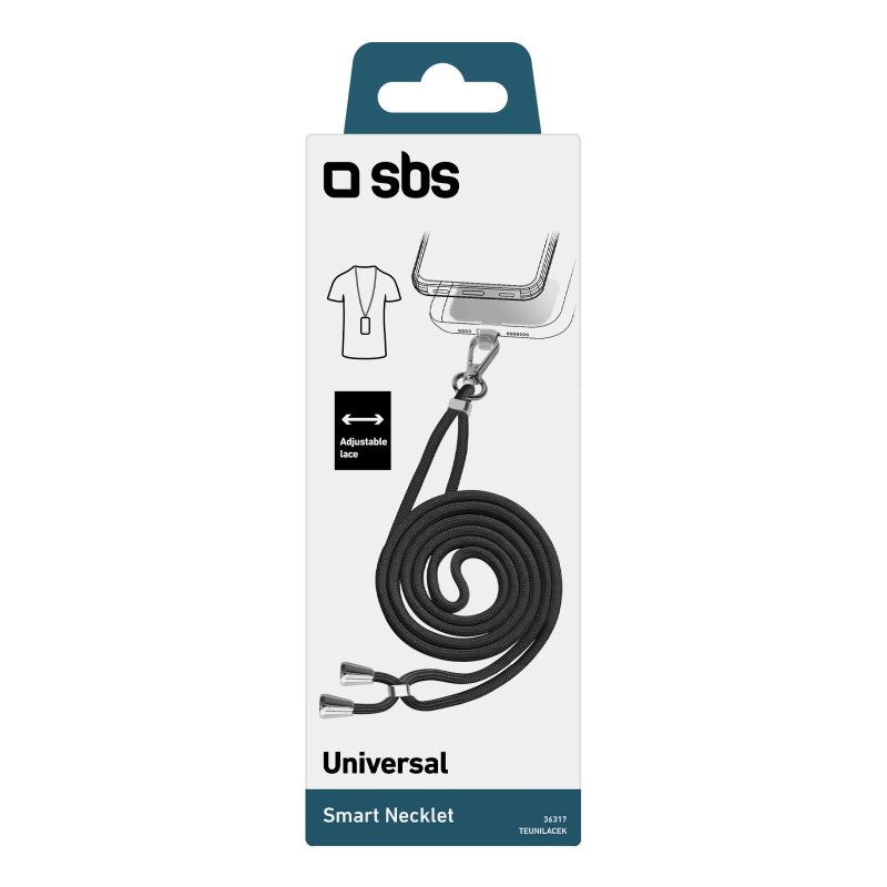 Schwarzes Smartphone-Umhängeband in einer Verpackung. Die Verpackung zeigt das Umhängeband.