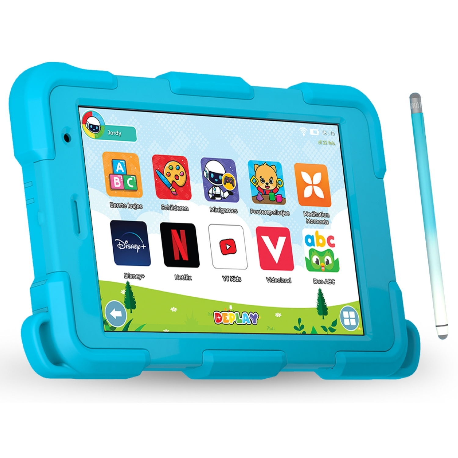 A turquoise tablet with a protective case, showing a children's app interface, and a stylus.