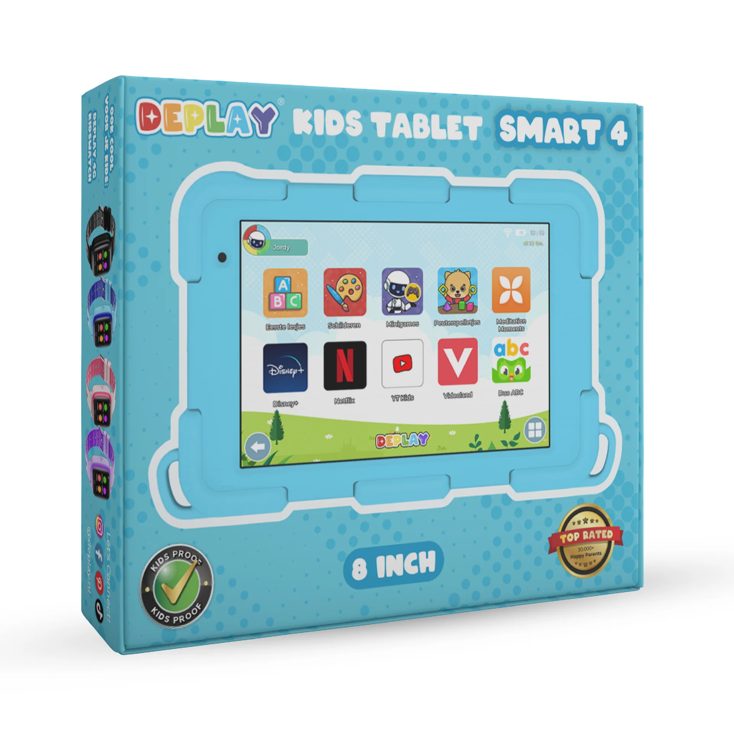 A blue tablet box with a blue tablet inside, displaying apps. Text: Deplay Kids Tablet Smart 4.