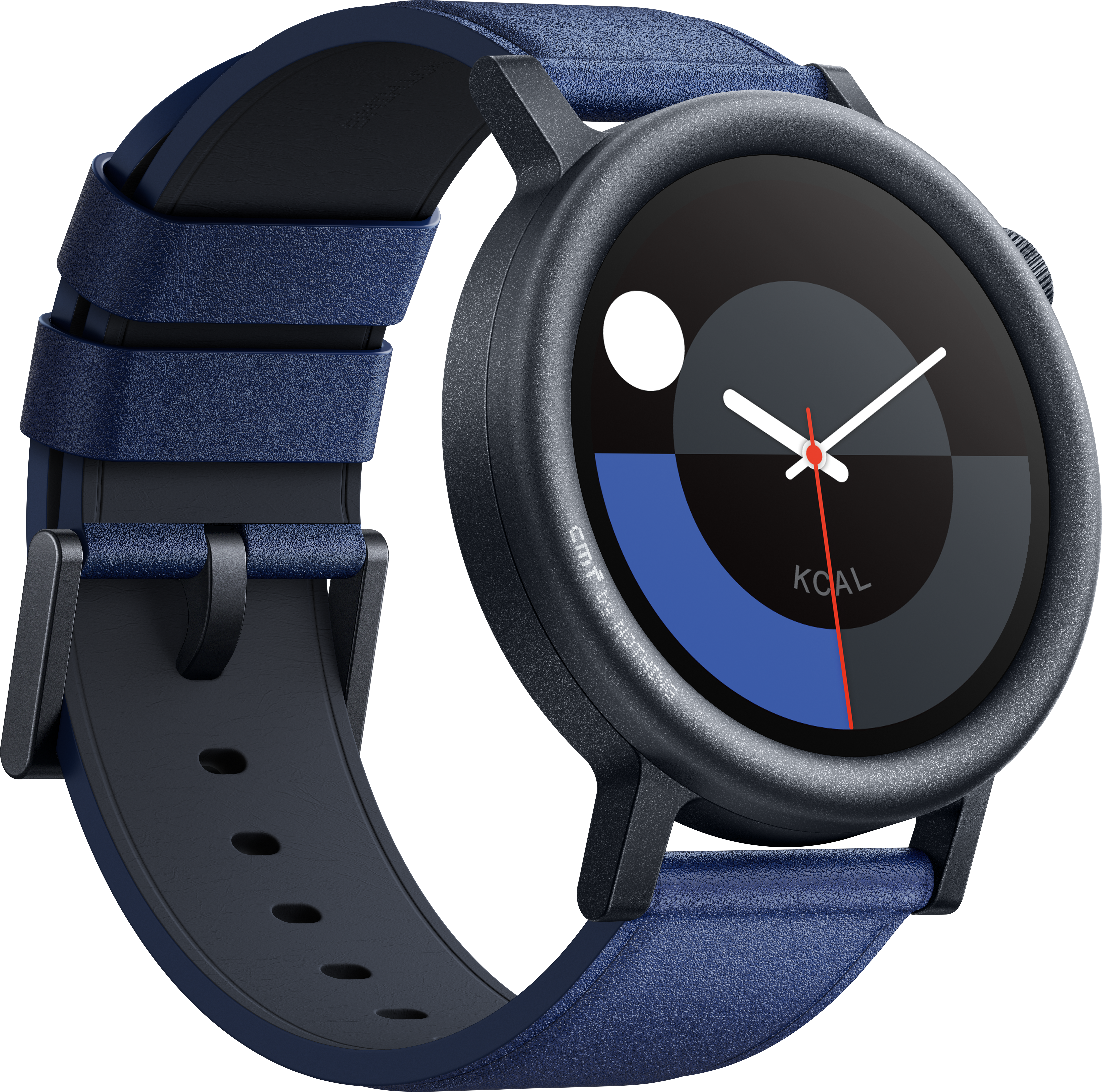 Schwarz-blaue Smartwatch, rundes Zifferblatt, blaues Armband, Kcal-Anzeige.