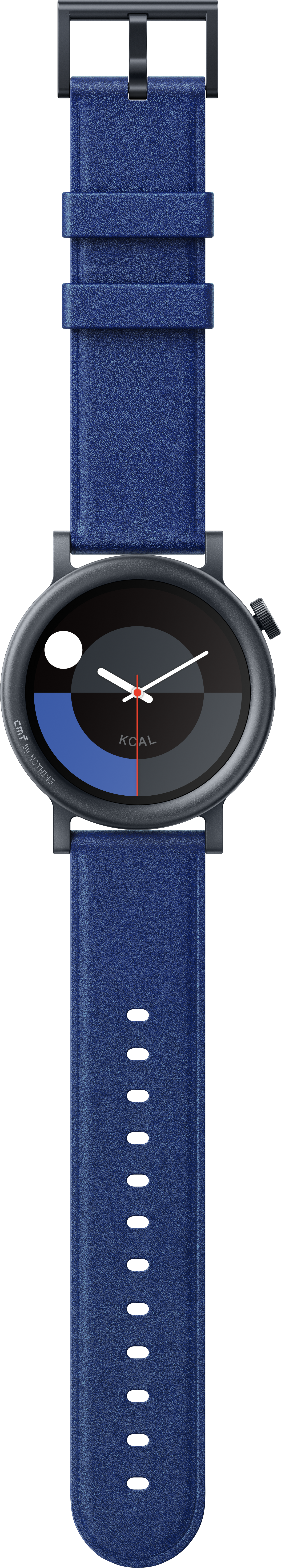 Blaue und schwarze Smartwatch mit blauem Armband. Das Zifferblatt zeigt die Uhrzeit.