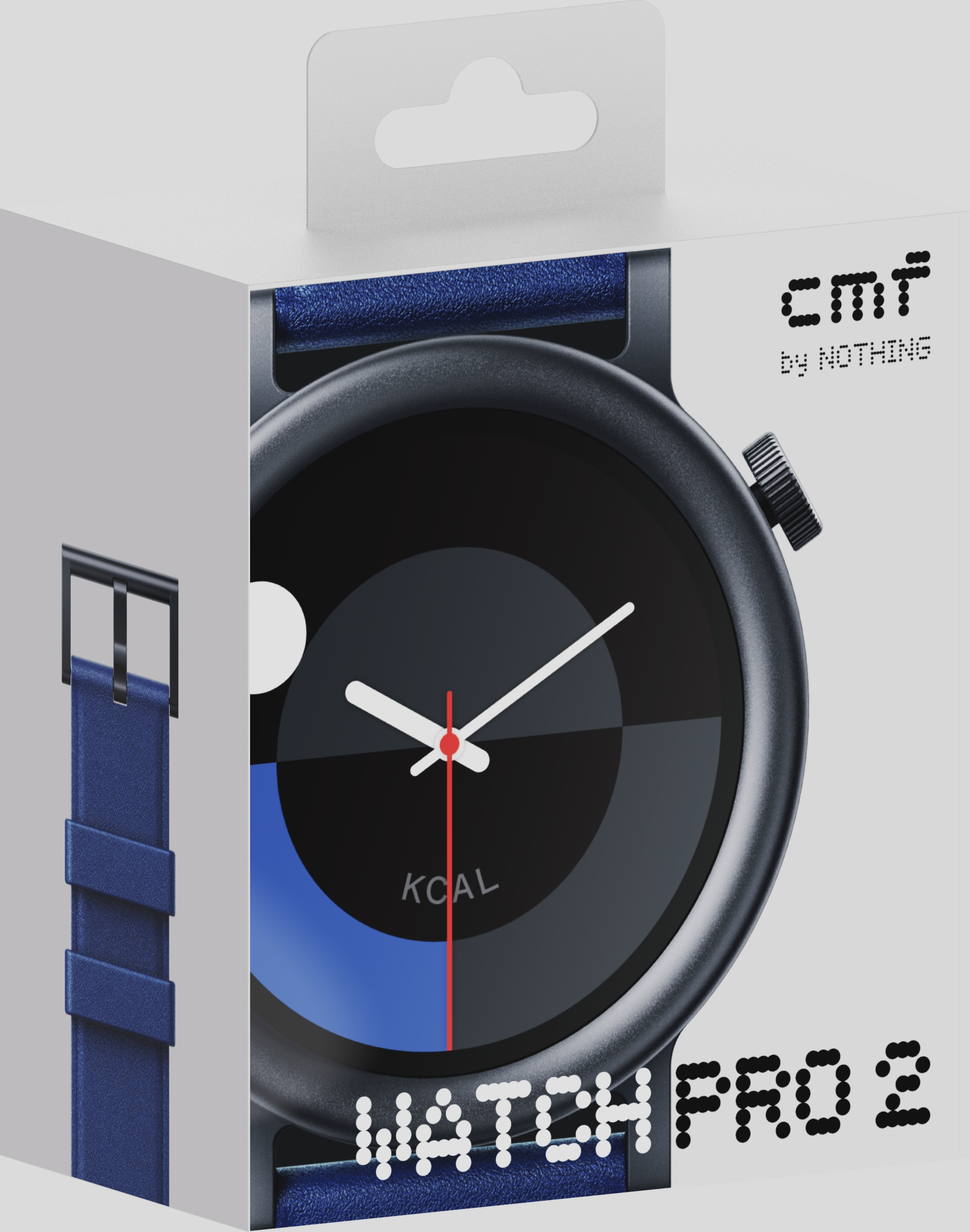 Eine Uhrenbox mit einer Uhr darin. Die Uhr hat ein schwarzes Zifferblatt und ein blaues Armband.