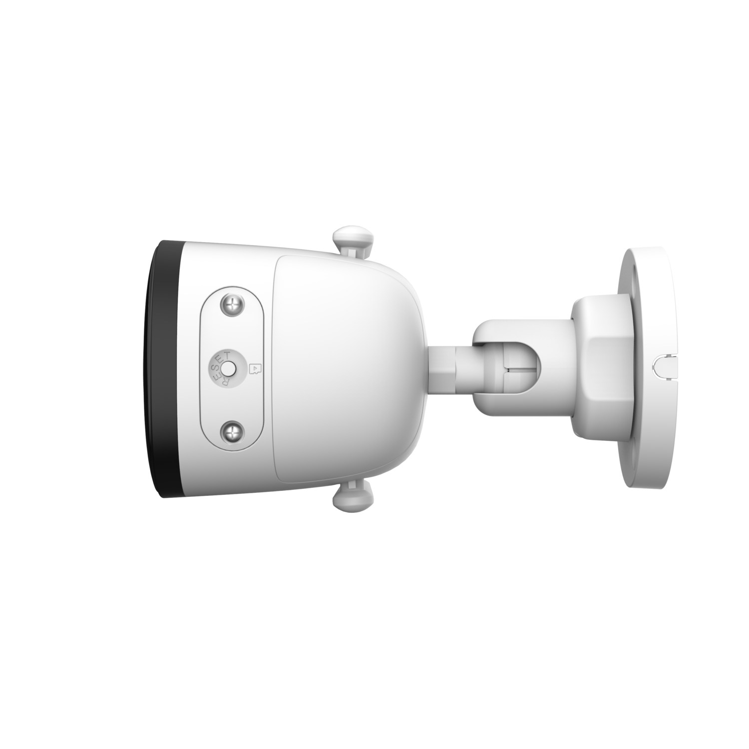 A white security camera on a wall. It has a rounded shape, with a dark lens and adjustment screws.