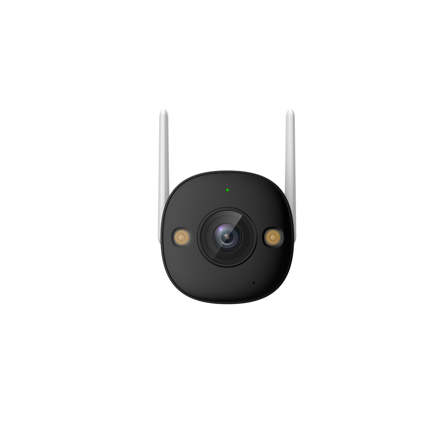Black security camera with two antennas. It is round with a lens and two small lights, on a black background.