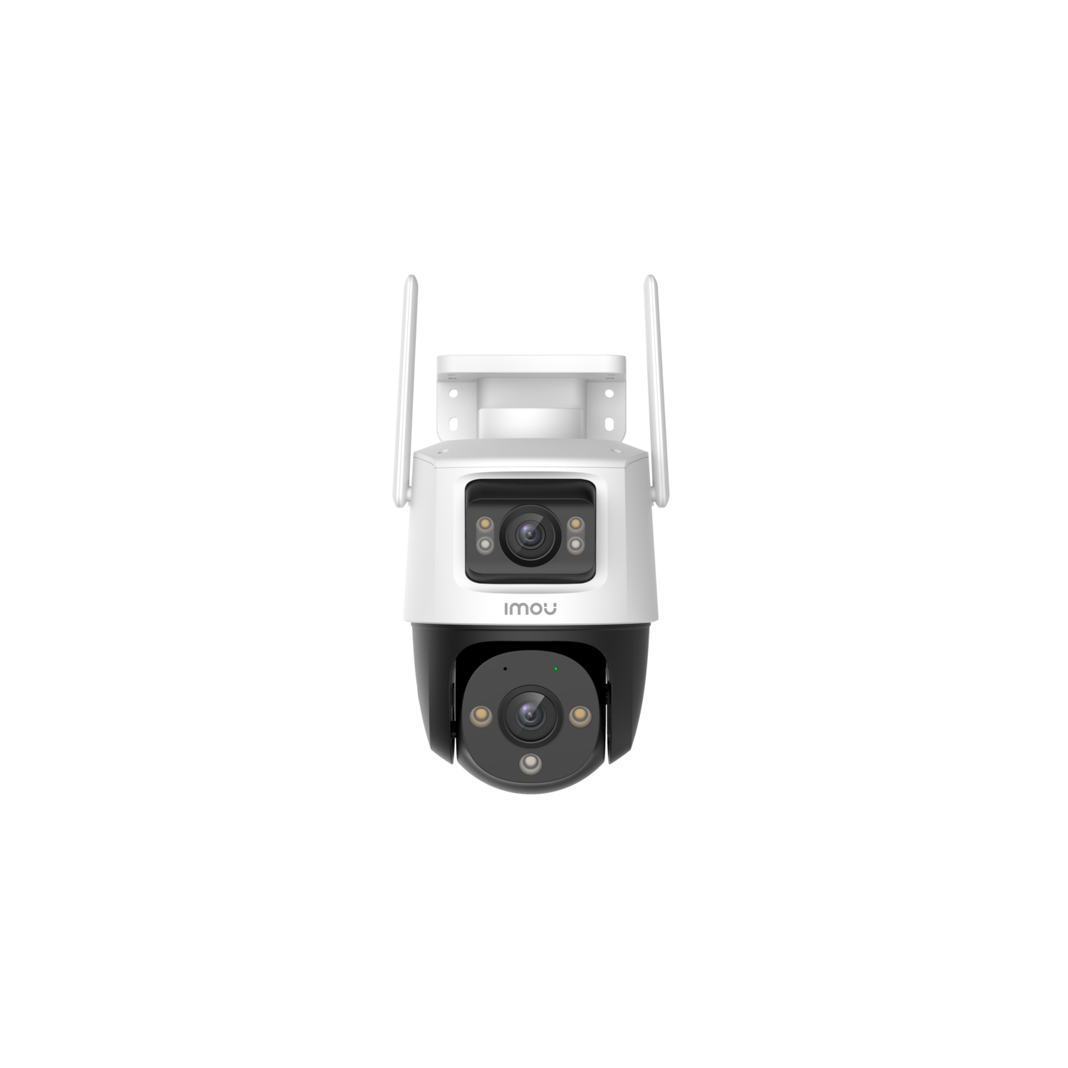 White and black security camera with two antennas, on a black background.