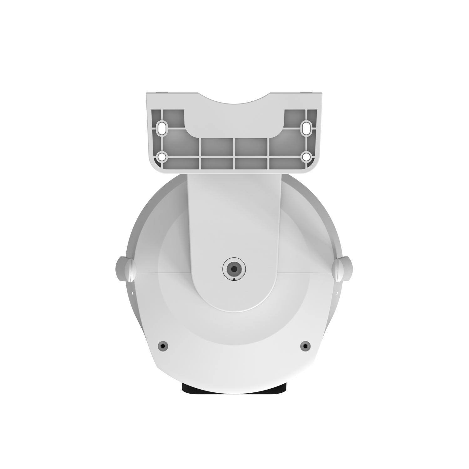 White security camera, top view. It has a circular design with mounting base.