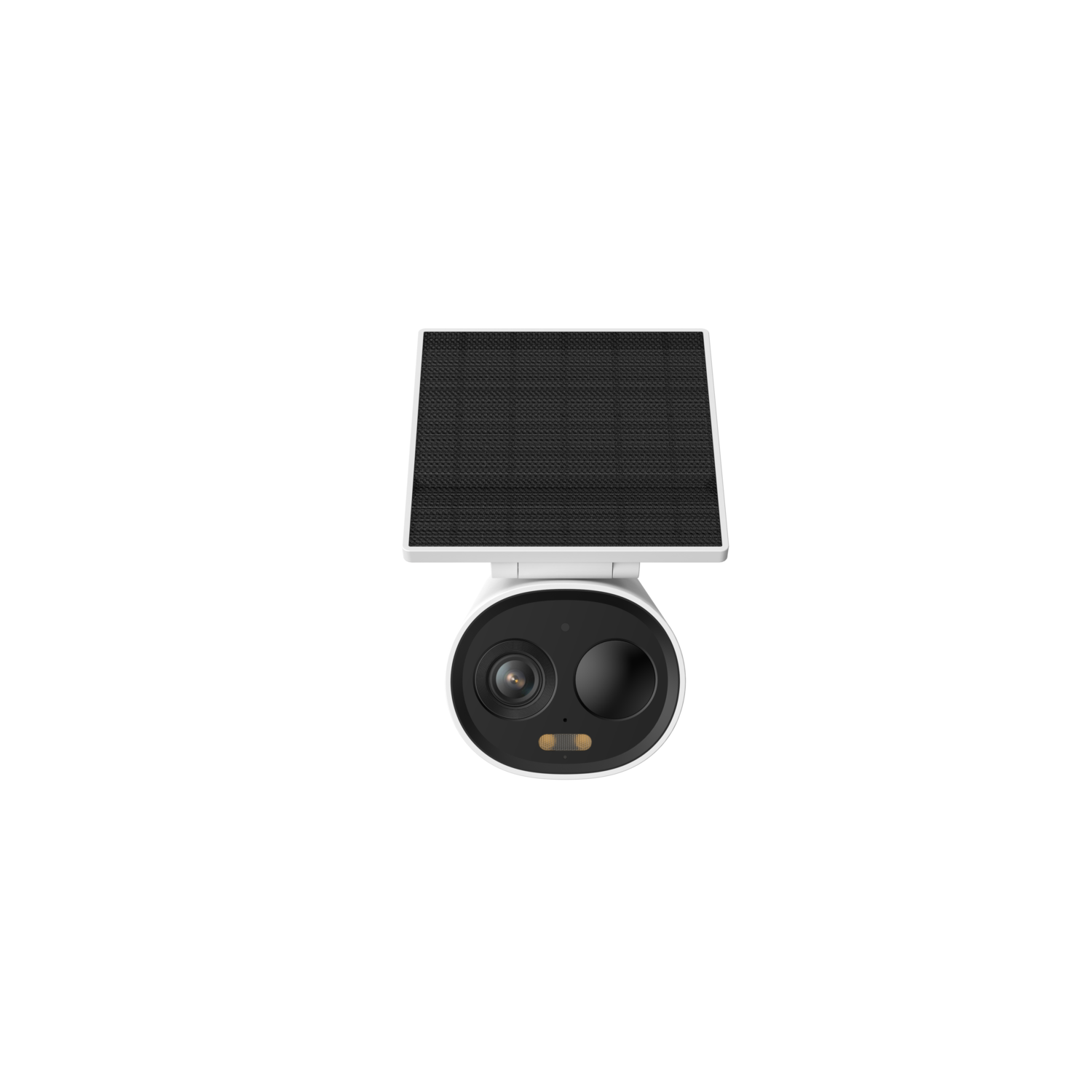 Witte beveiligingscamera met zwarte lens en zonnepaneel erop, tegen een zwarte achtergrond.