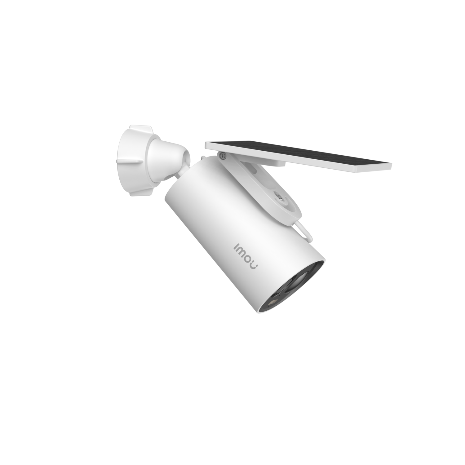 Witte Imou-beveiligingscamera met zonnepaneel, gemonteerd op zwarte achtergrond. De camera is licht gekanteld.