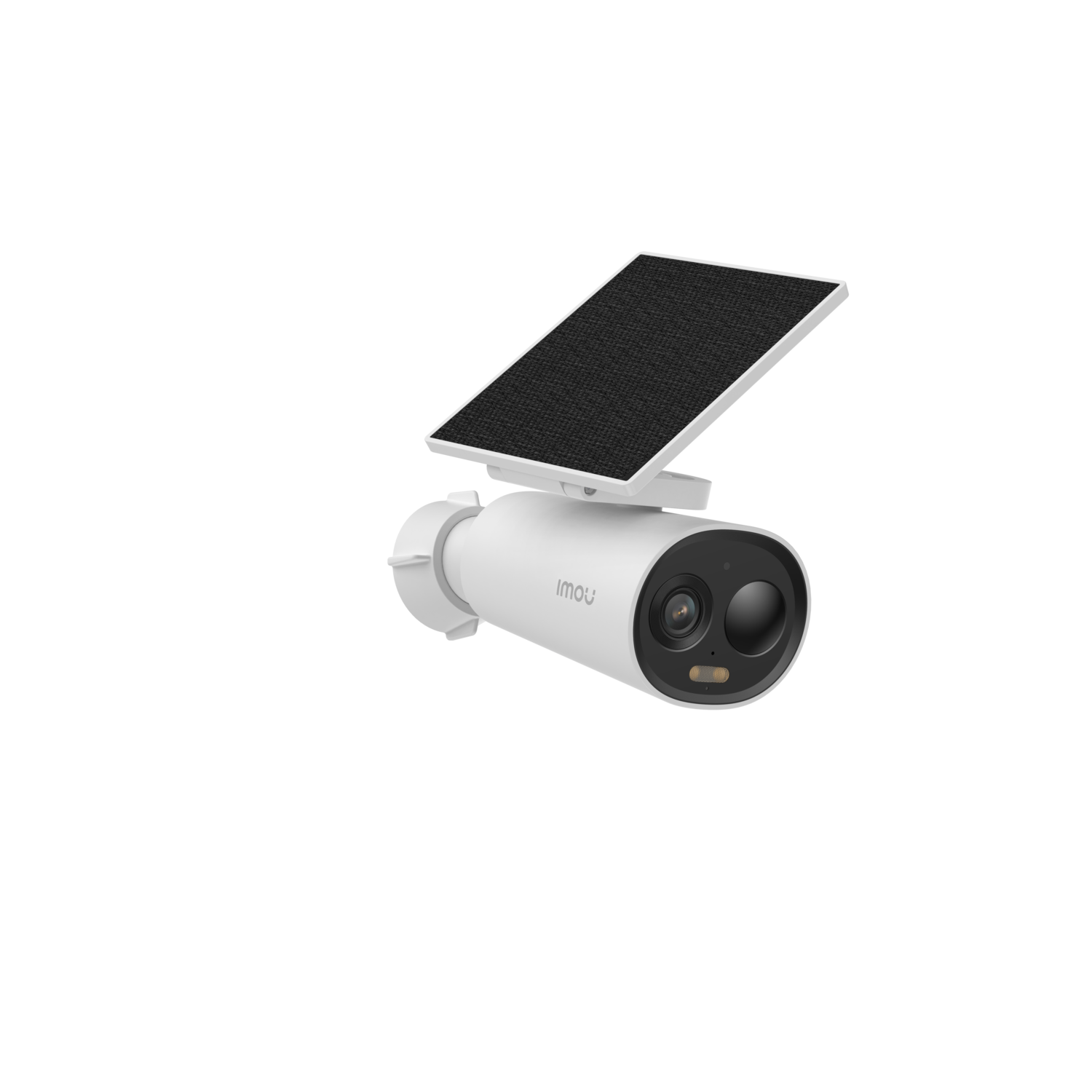Witte Imou beveiligingscamera met zwart zonnepaneel op een zwarte achtergrond. De camera heeft een lens en een logo.