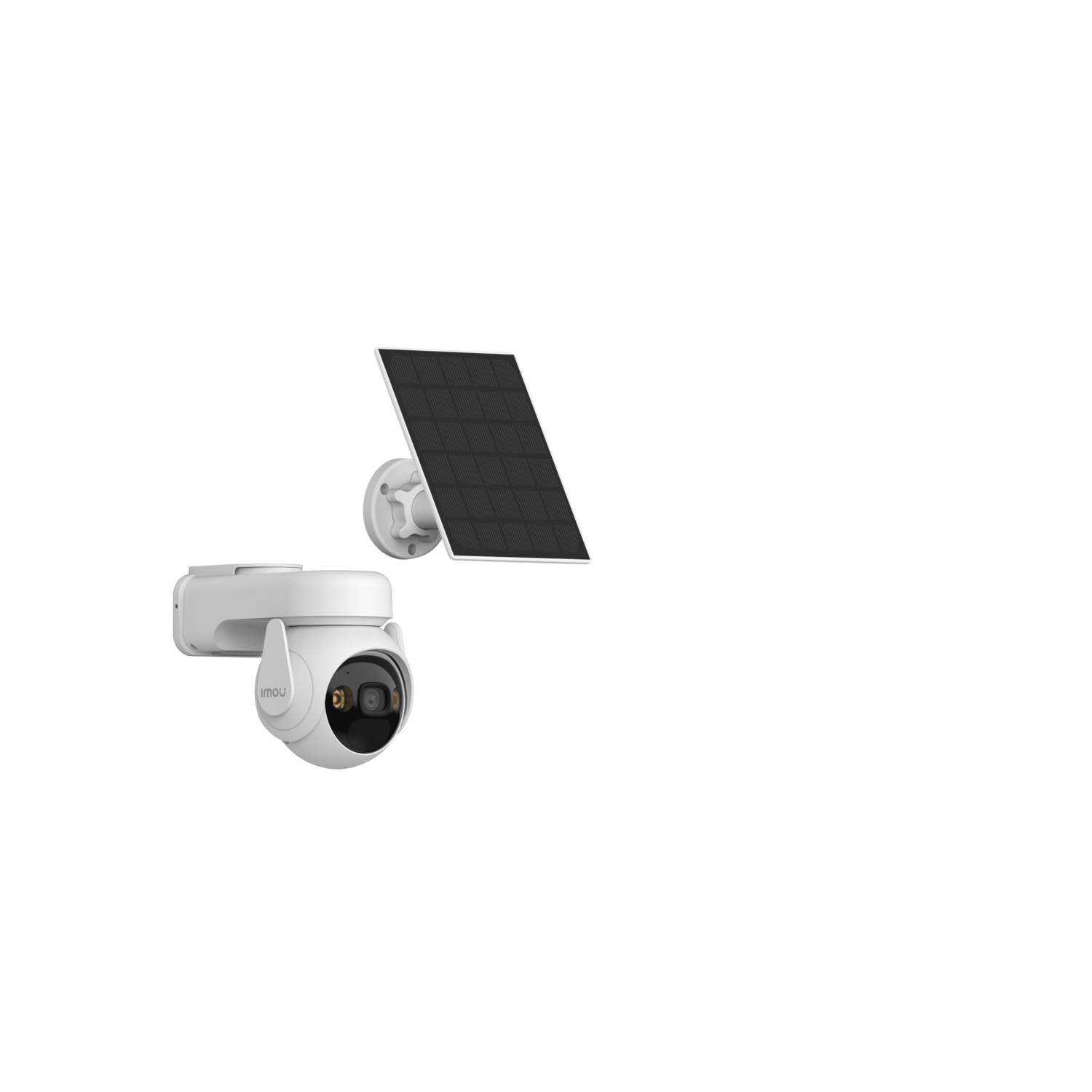 White security camera with solar panel, mounted on a black background.