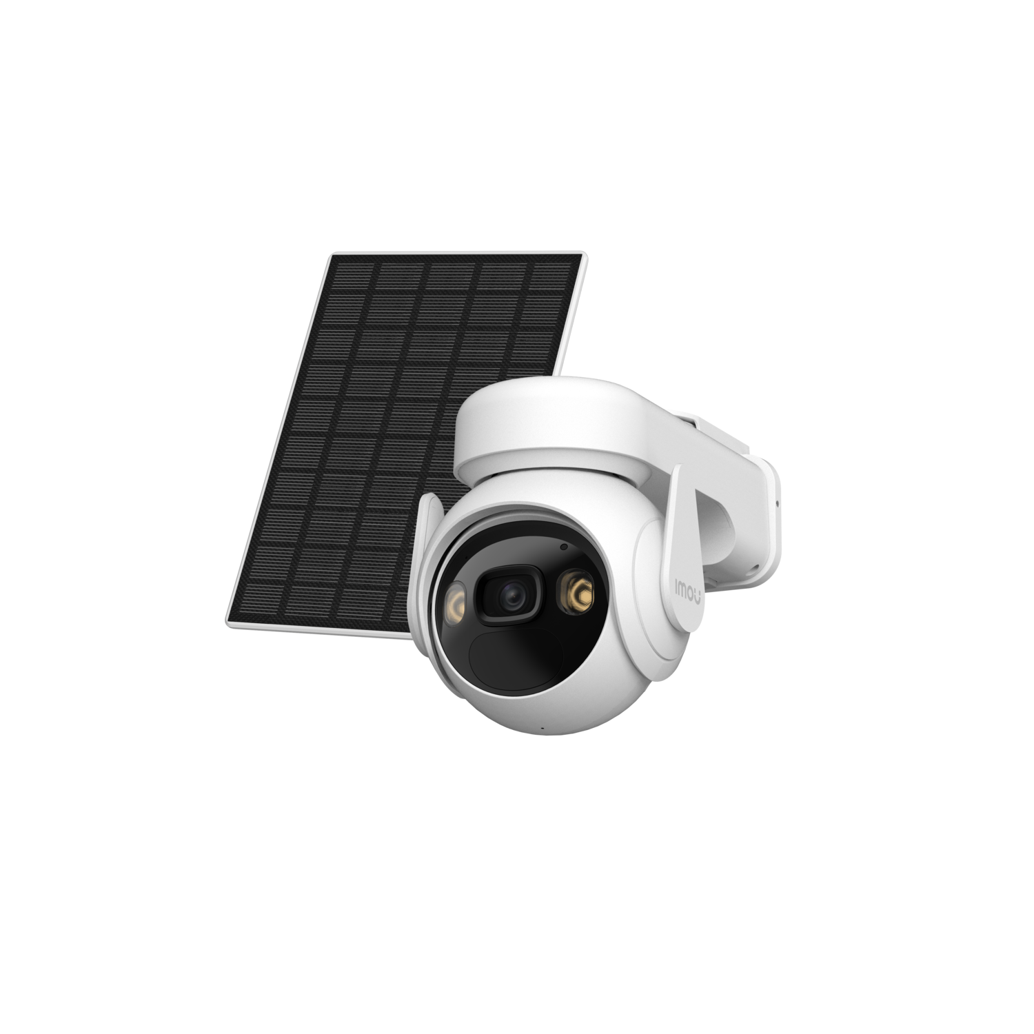 A white security camera with solar panel, set against a black background.
