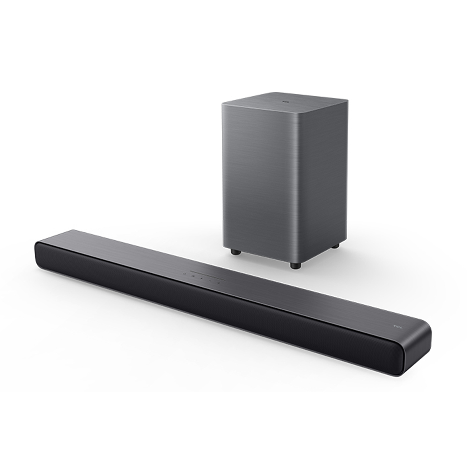 Un sistema soundbar e subwoofer in un'inquadratura da studio, design nero e argento, isolato su bianco.